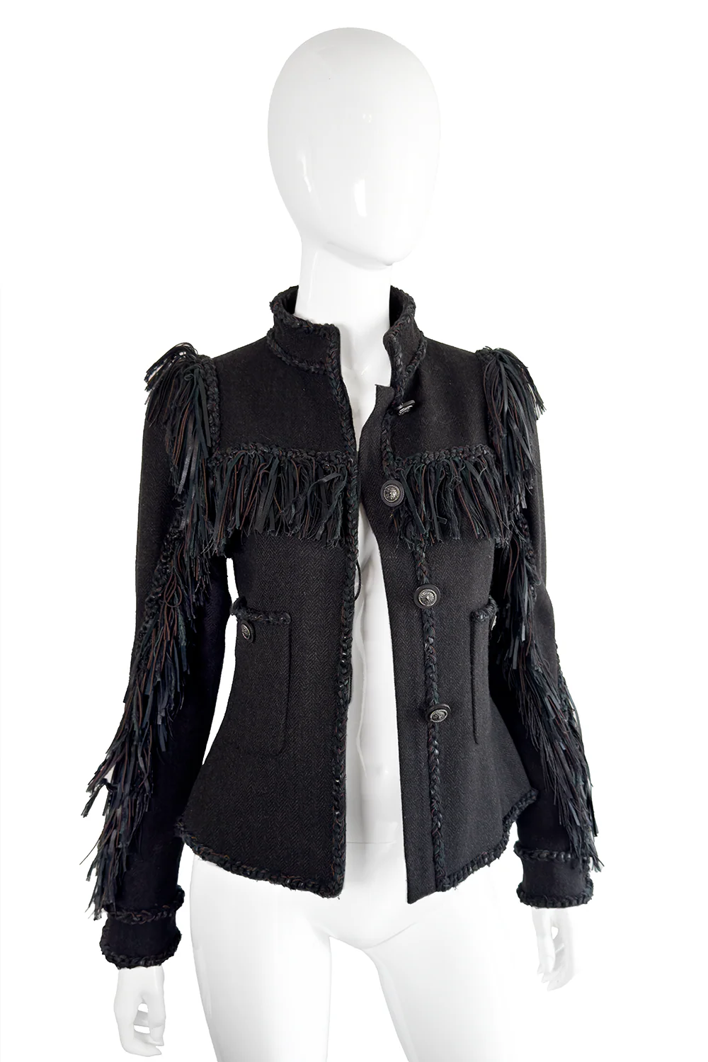 2014 Pre-Fall Herringbone Leather Fringe Jacket - Image 5