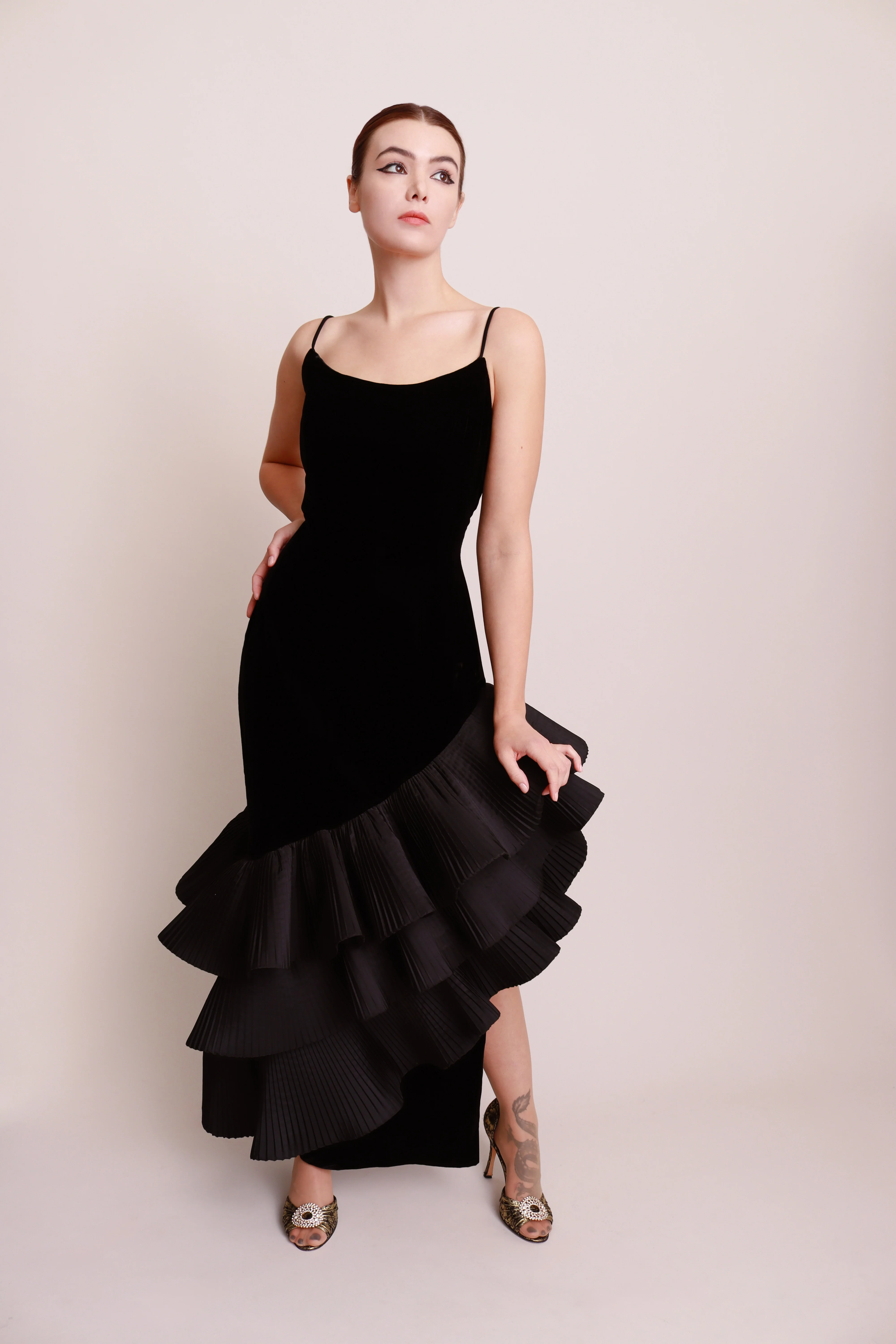 Asymmetric Ruffle Velvet Dress - Image 2