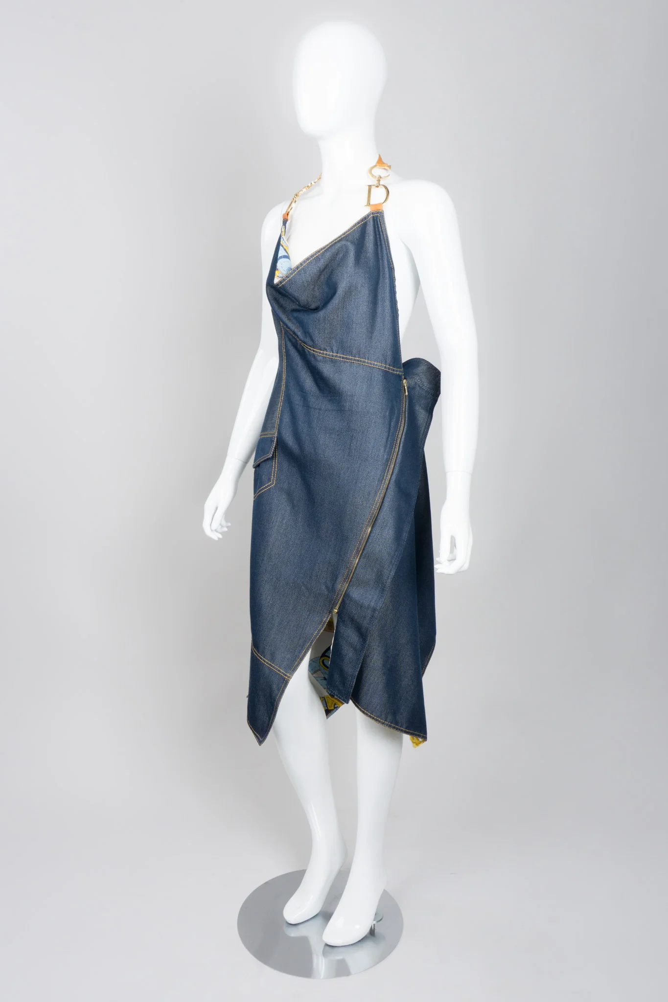 Asymmetrical Silk Denim Halter Dress - Image 3