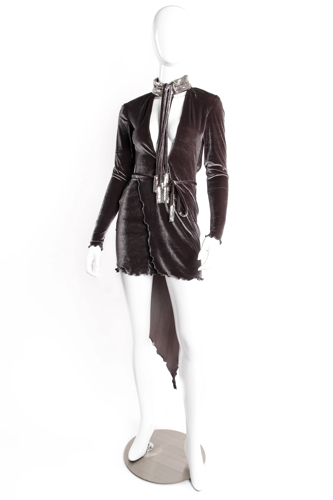 Asymmetrical Velvet Choker Wrap Dress - Image 4