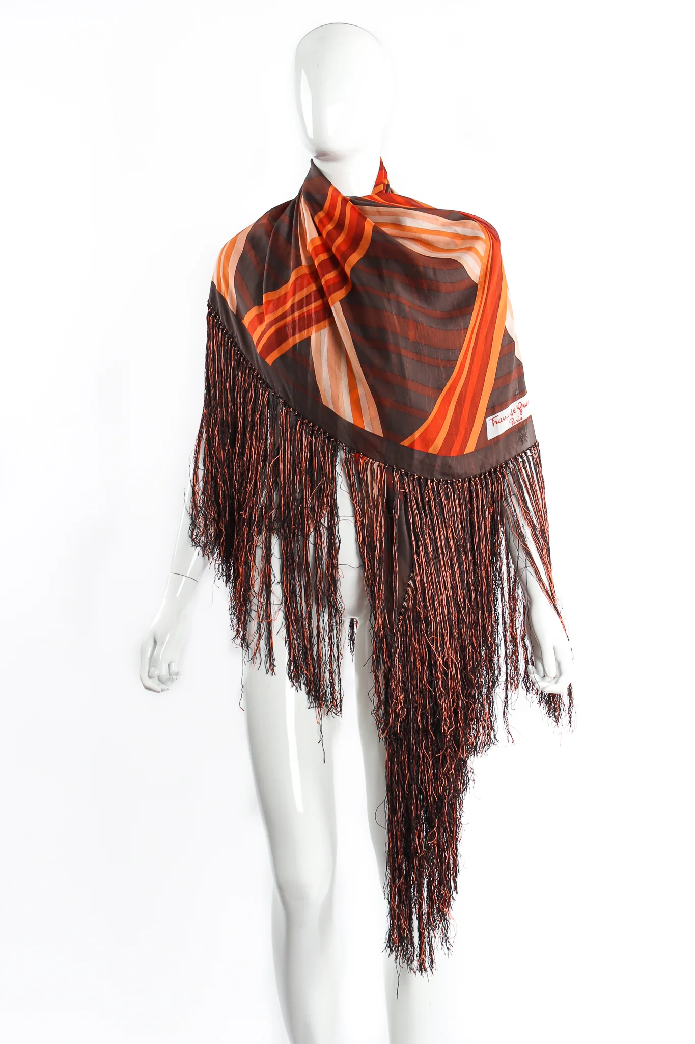 Woven Stripe Print Silk Fringe Shawl - Image 2