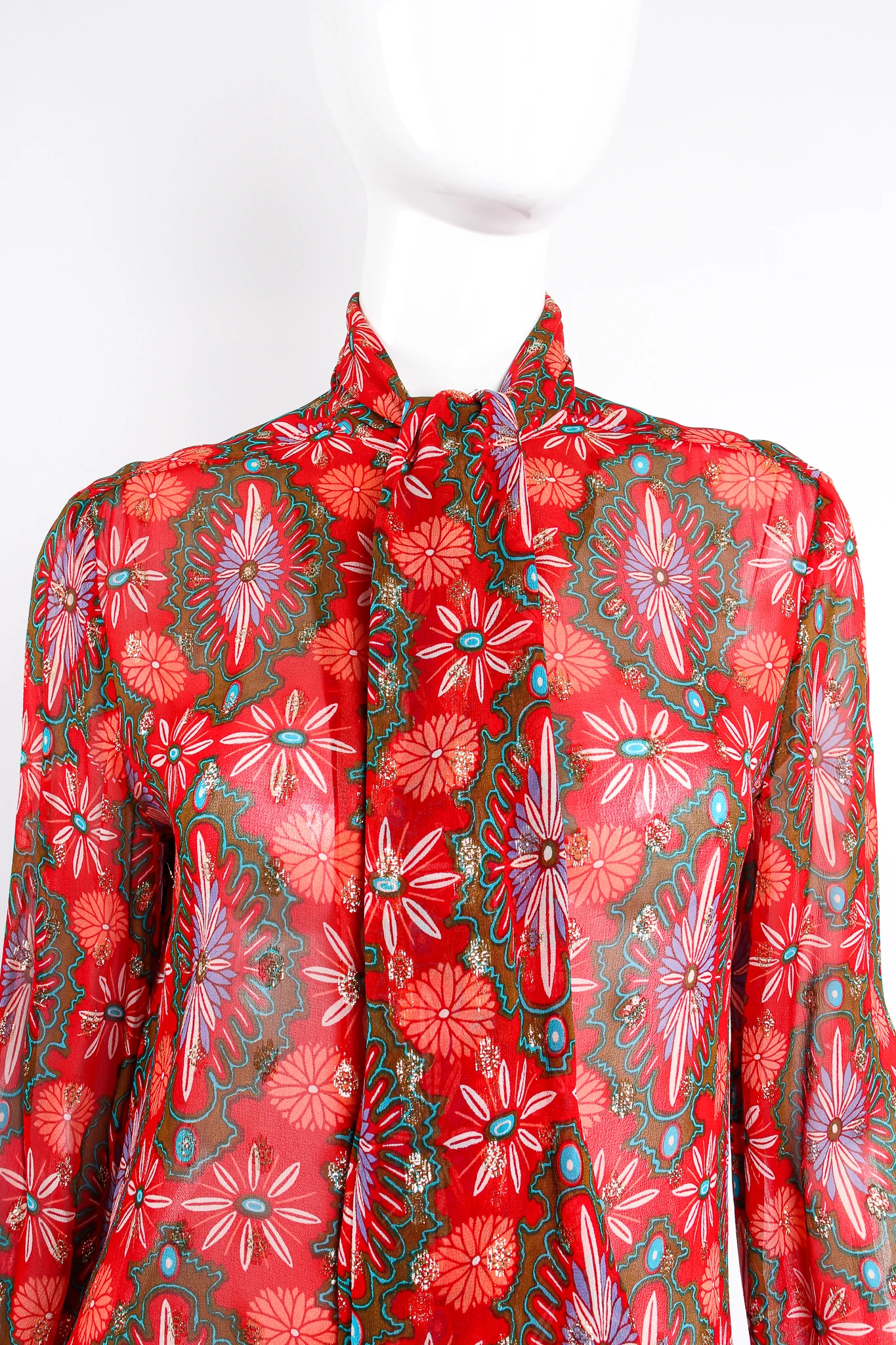 Chiffon Brocade Tie Neck Blouse - Image 2
