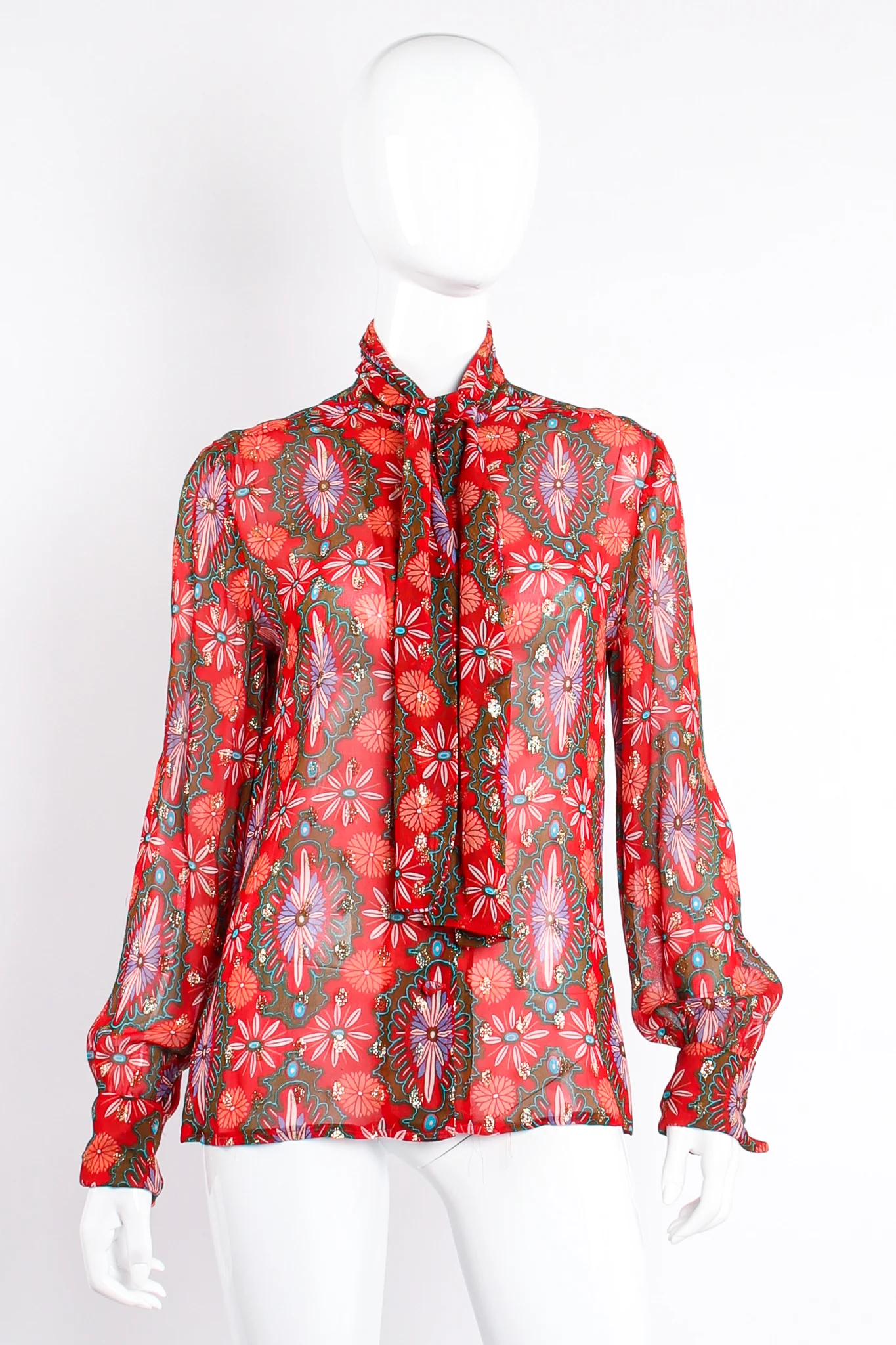 Chiffon Brocade Tie Neck Blouse - Image 7