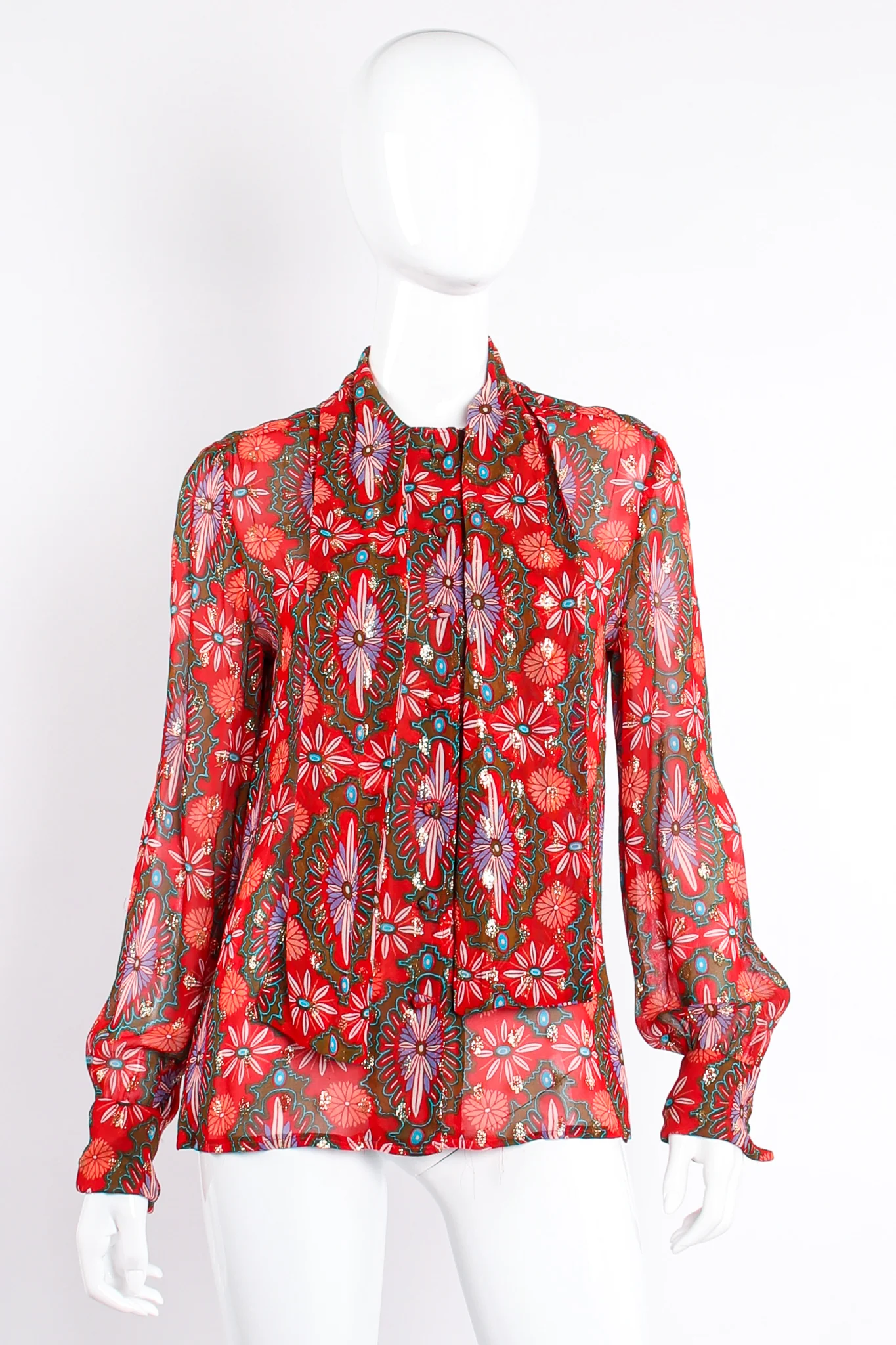 Chiffon Brocade Tie Neck Blouse - Image 8