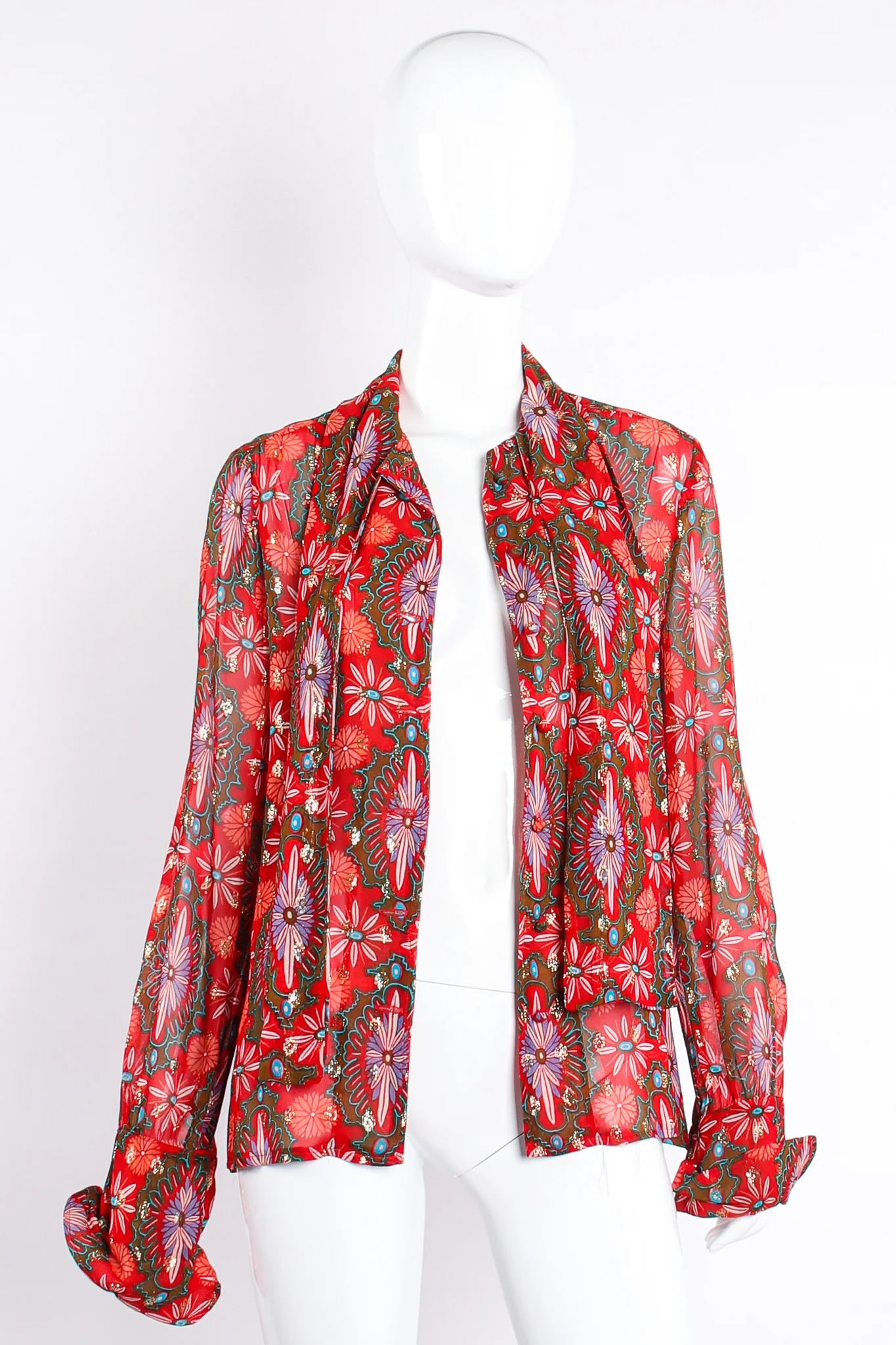 Chiffon Brocade Tie Neck Blouse - Image 9