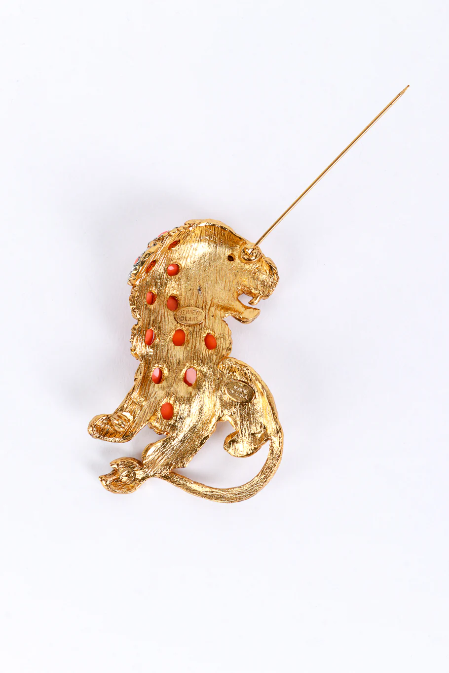 Crystal & Coral Stone Lion Brooch - Image 4