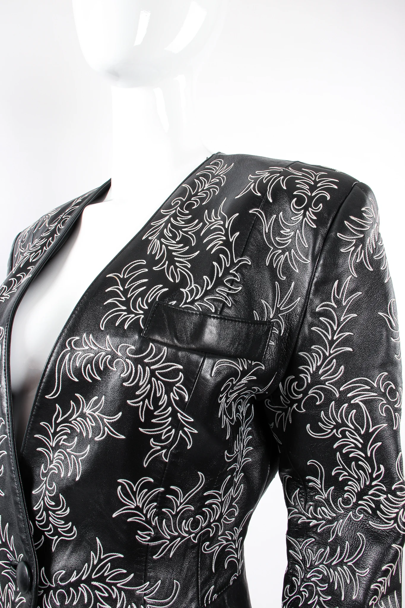 Embroidered Collarless Leather Jacket