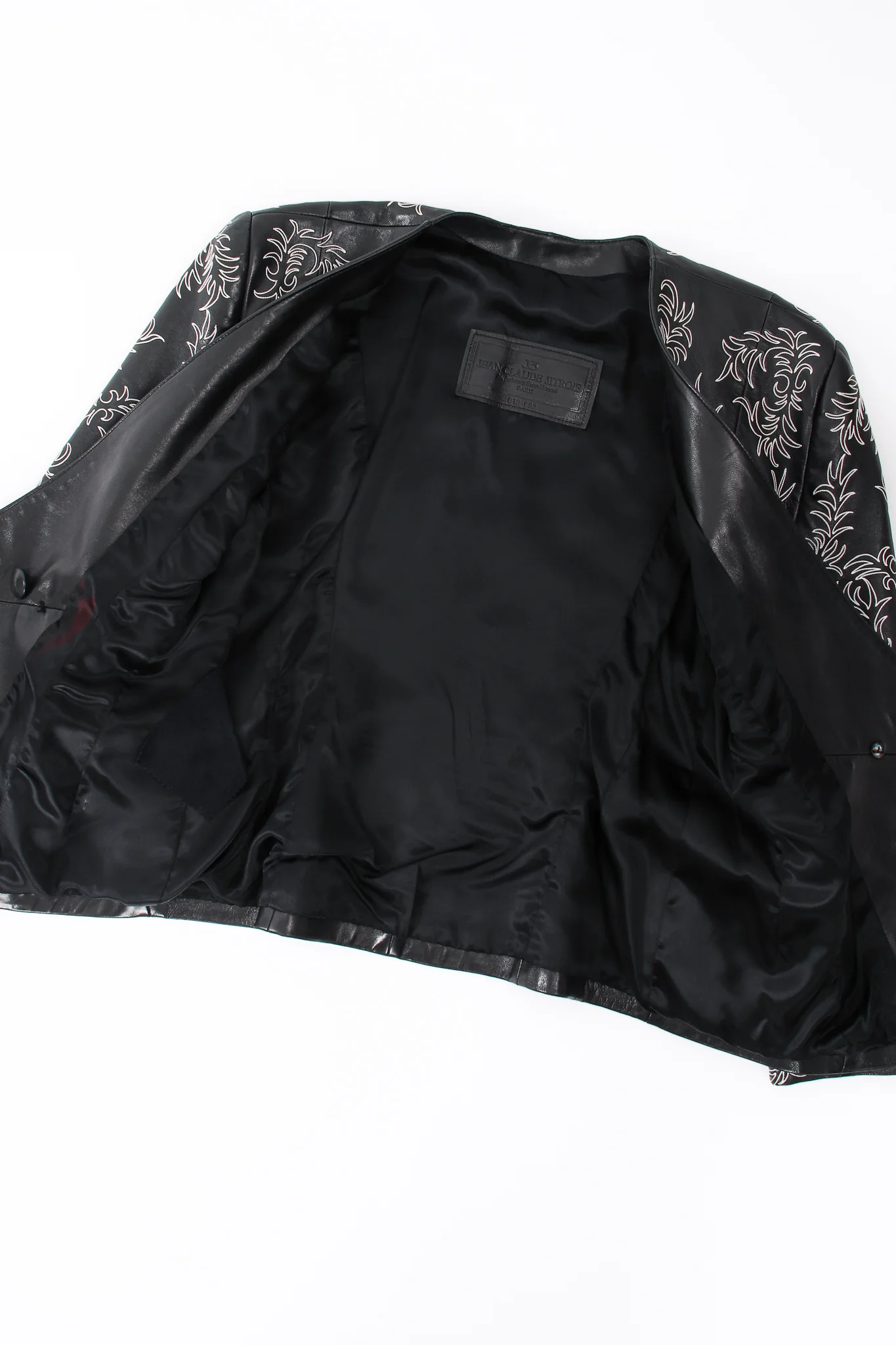 Embroidered Collarless Leather Jacket - Image 13