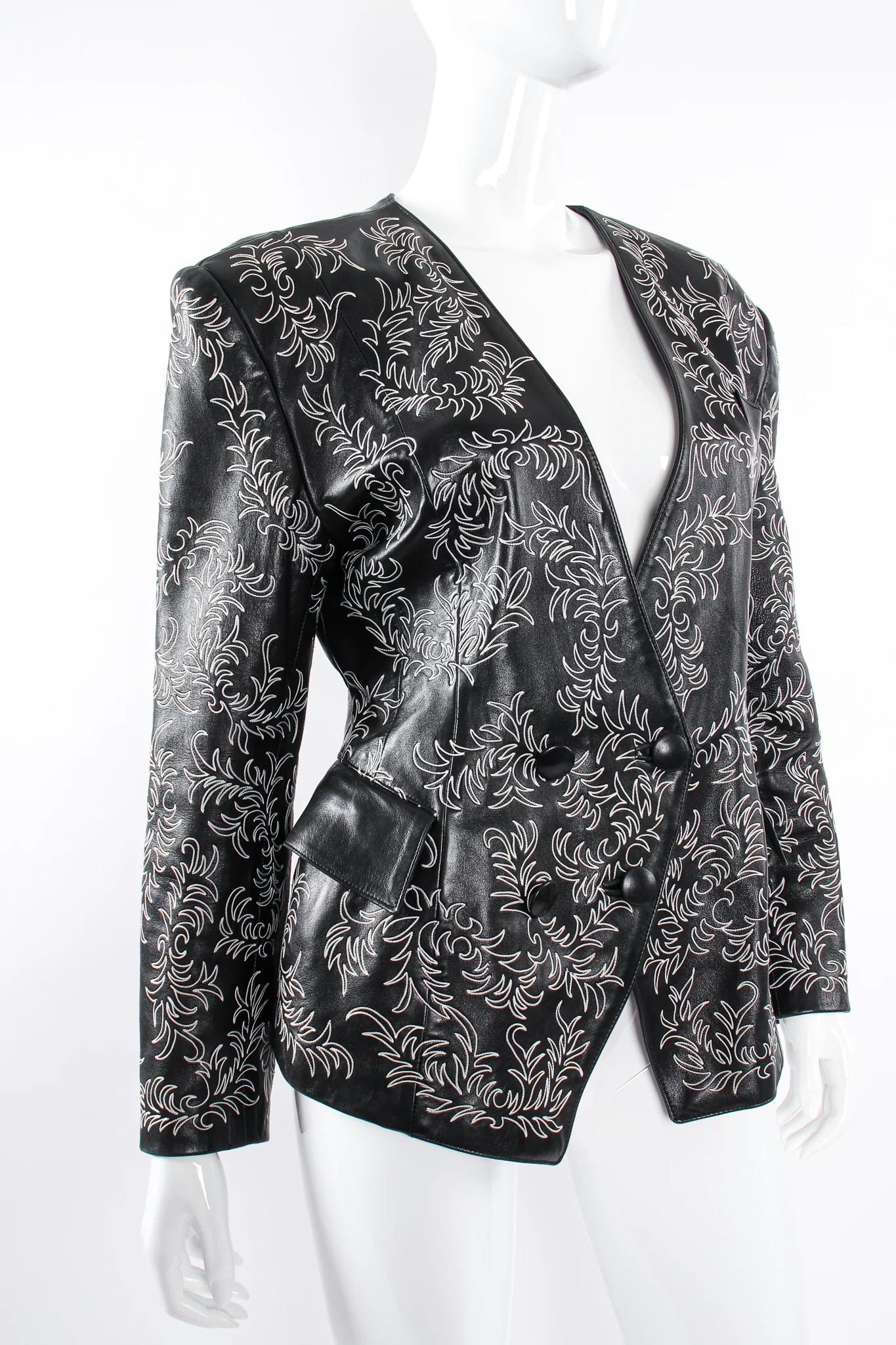 Embroidered Collarless Leather Jacket - Image 2
