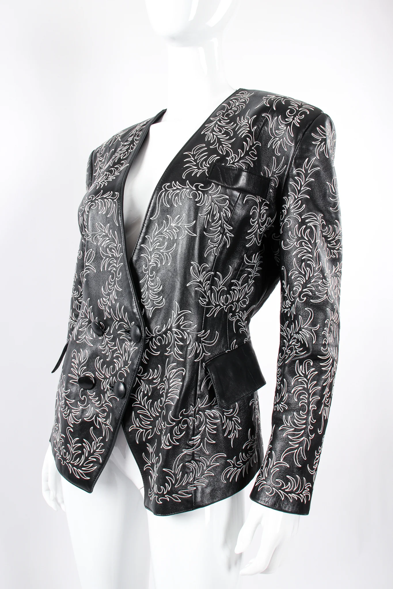 Embroidered Collarless Leather Jacket - Image 3