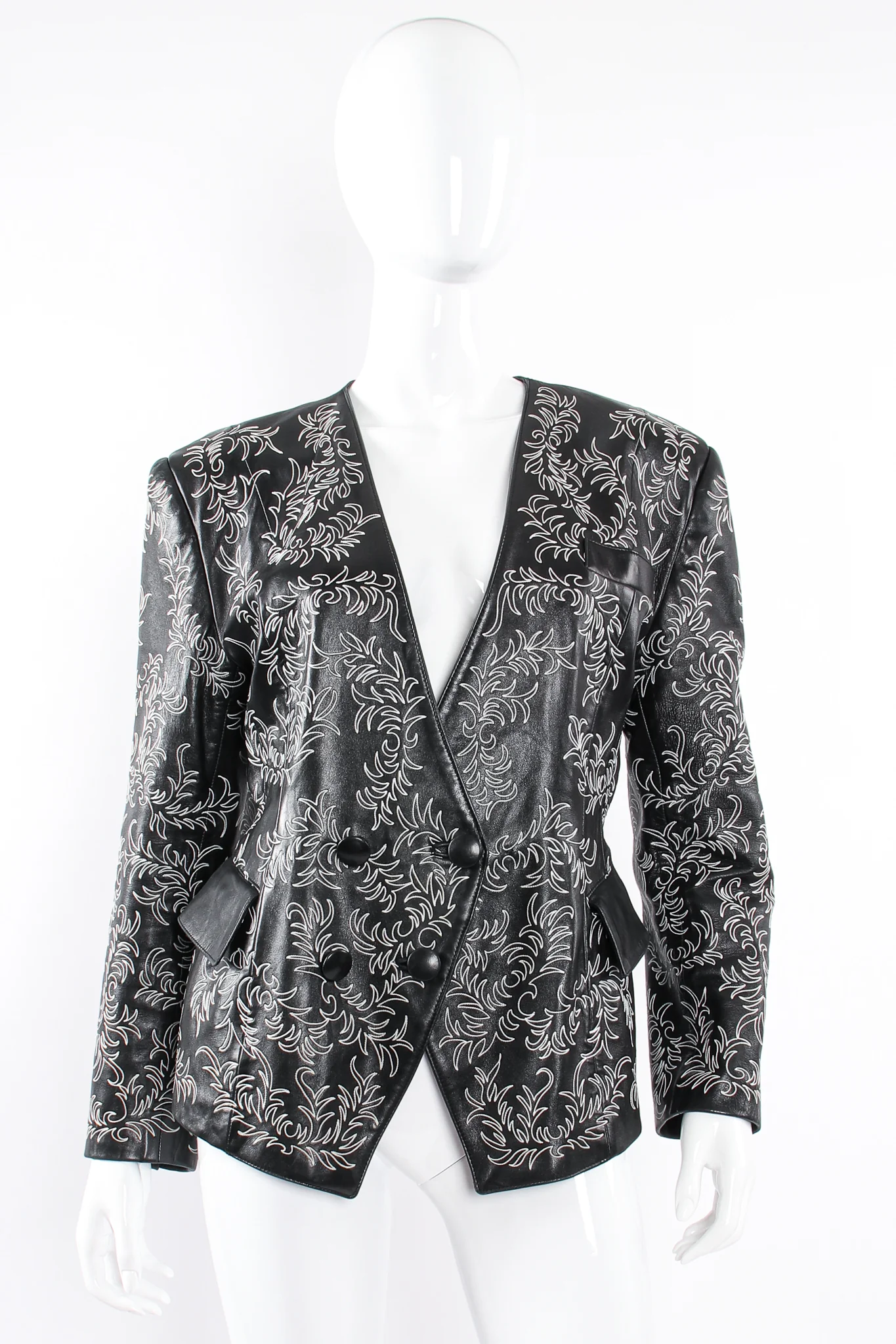 Embroidered Collarless Leather Jacket - Image 5