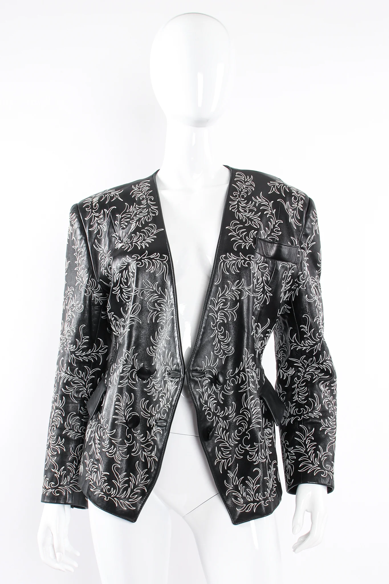 Embroidered Collarless Leather Jacket - Image 6