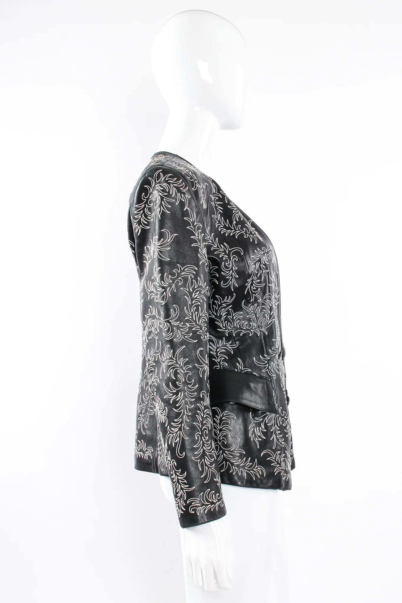 Embroidered Collarless Leather Jacket - Image 7