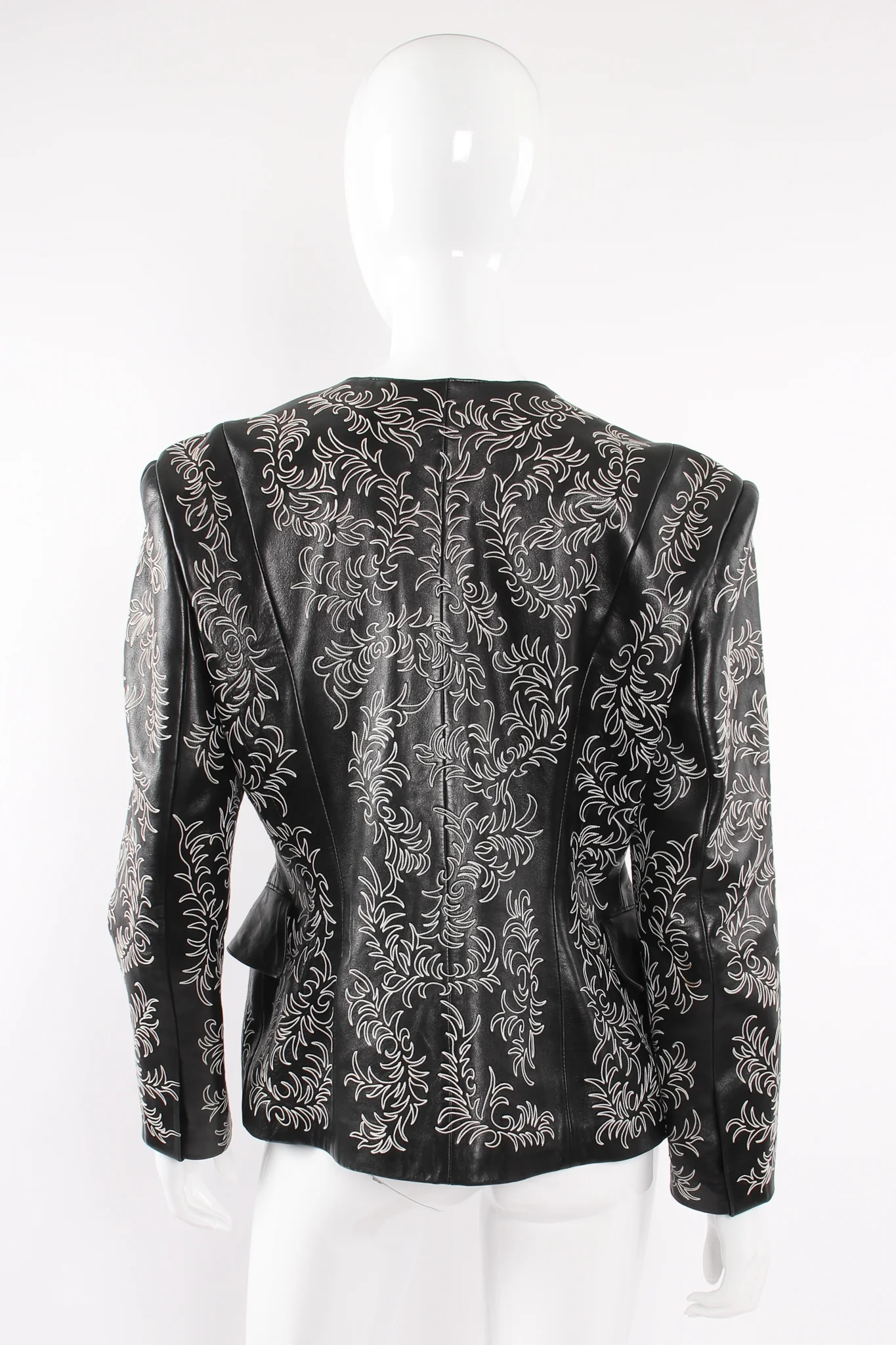 Embroidered Collarless Leather Jacket - Image 8