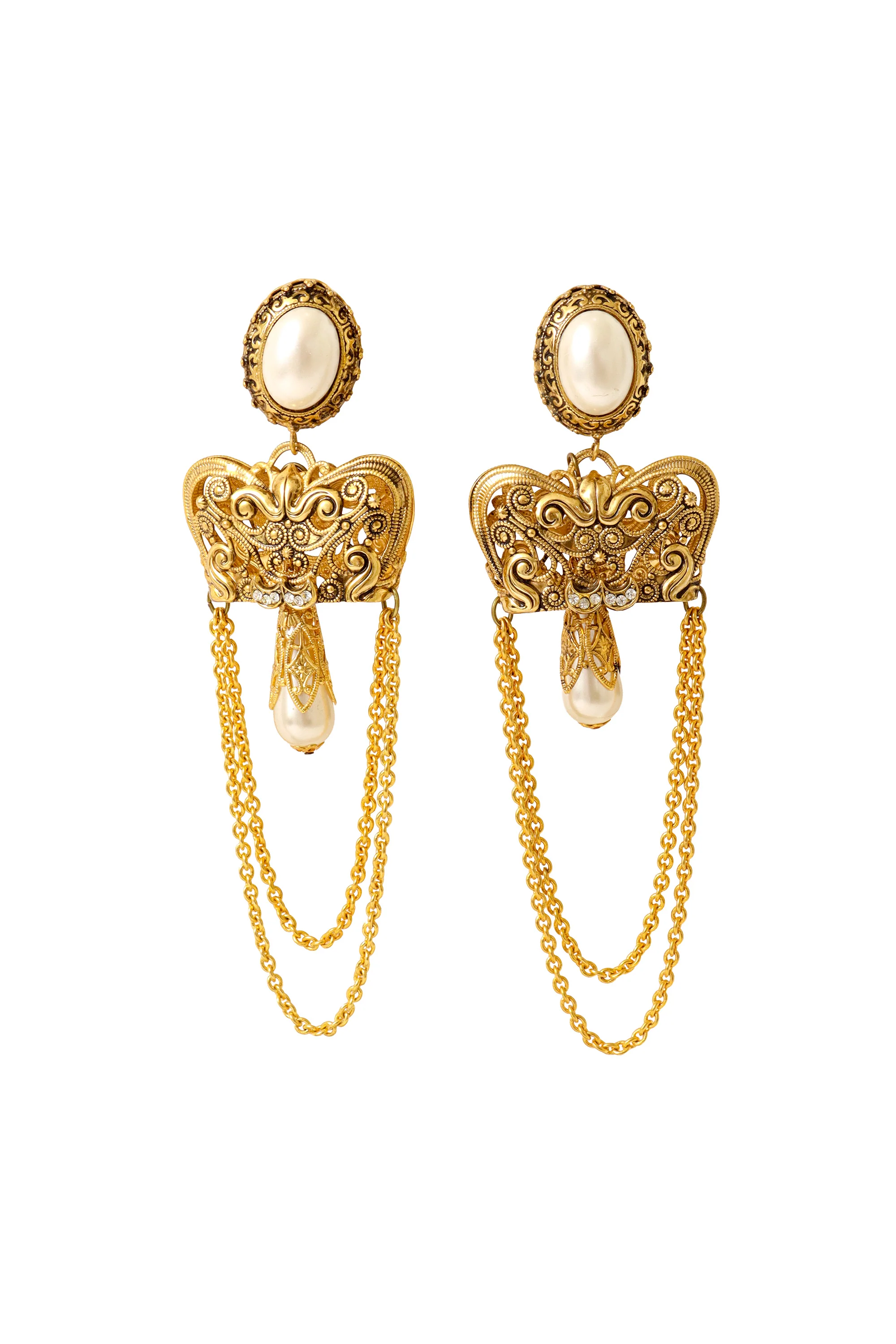 Filigree Chain Drop Pearl Earrings