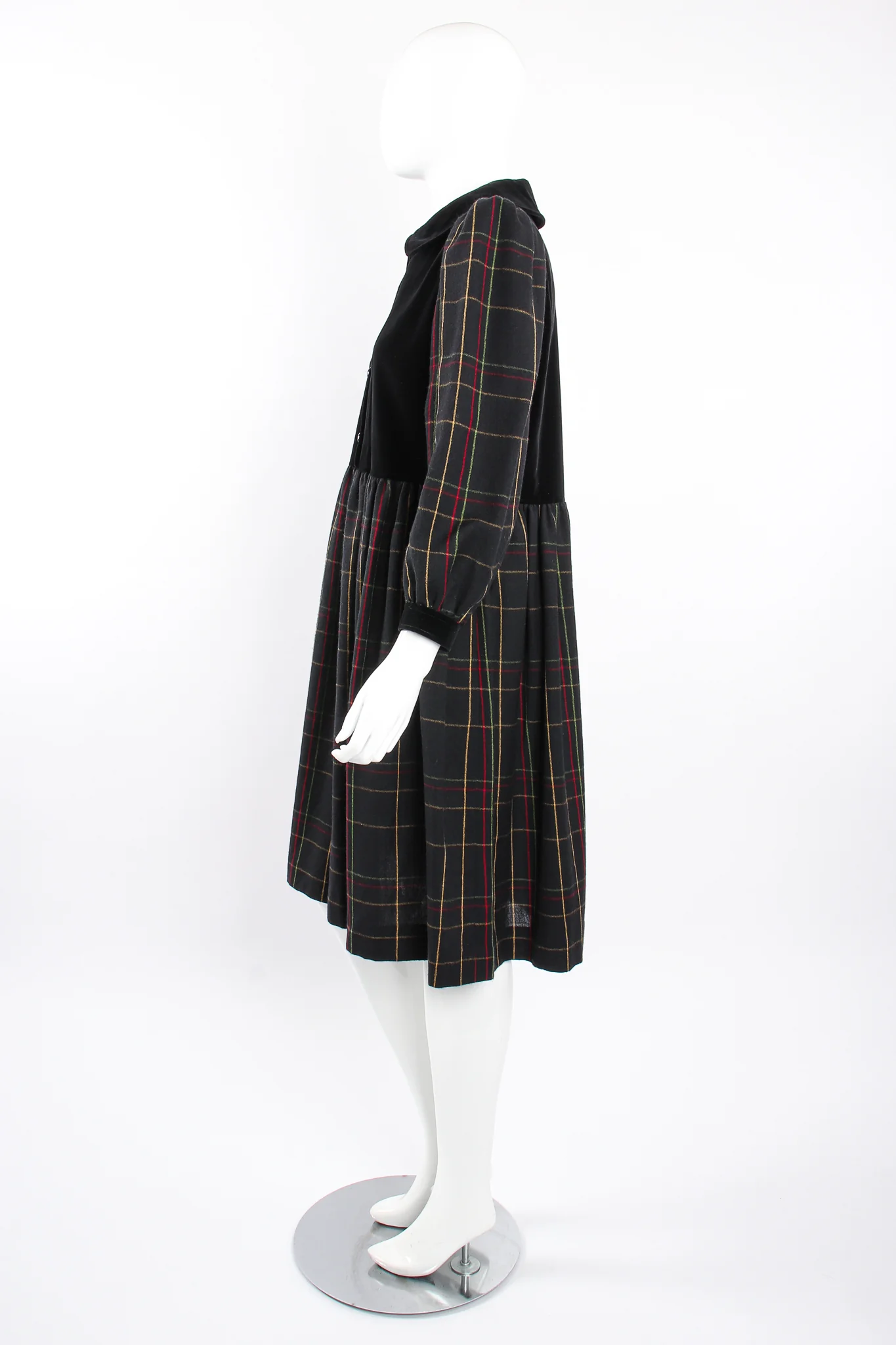 Flannel Checked Velvet Bodice Dress - Image 5