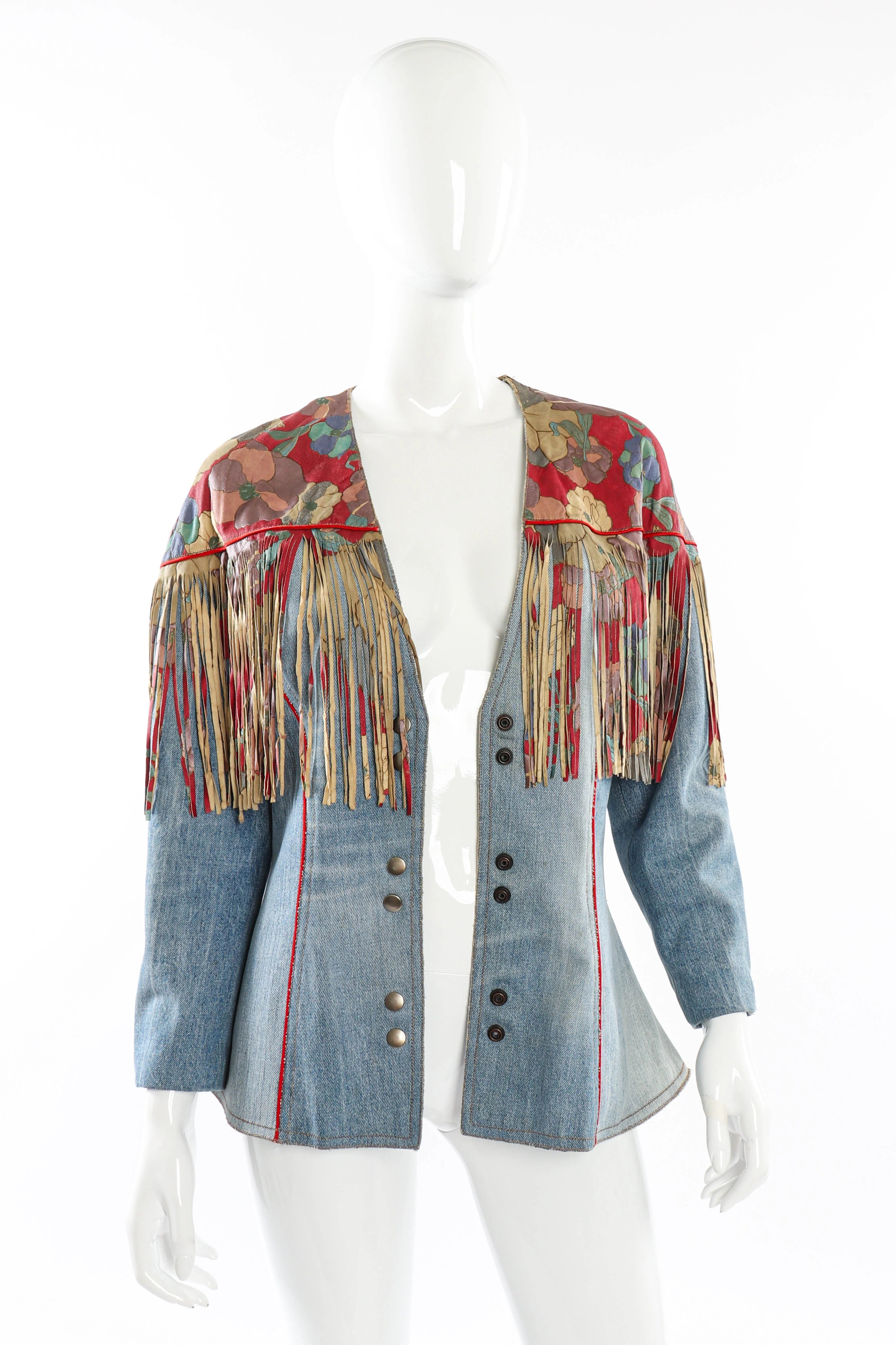Floral Denim Leather Fringe Jacket - Image 5