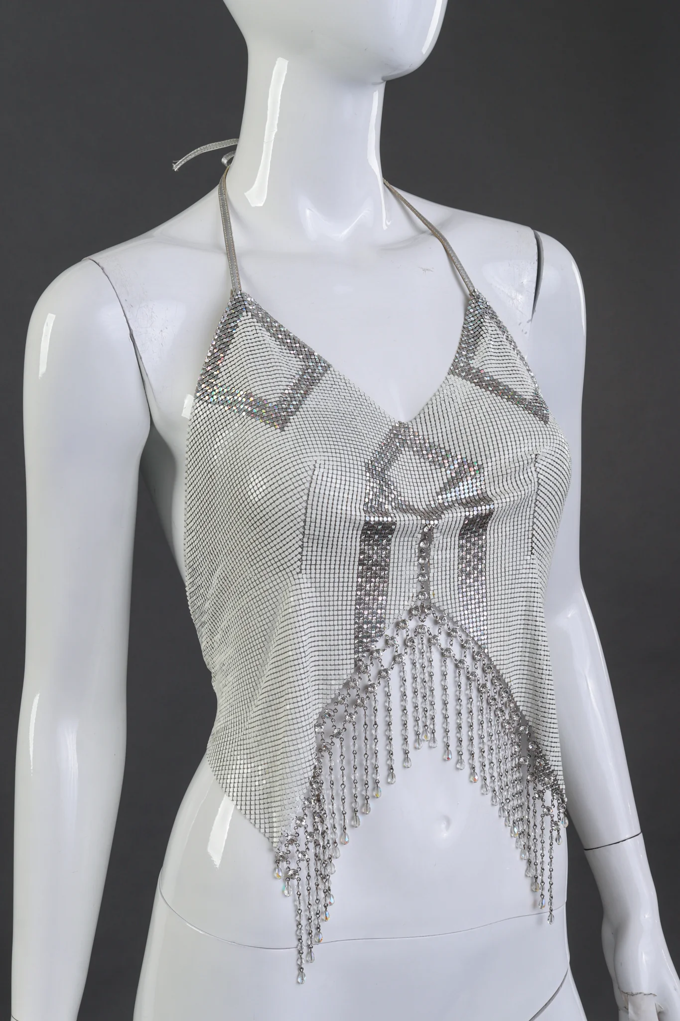 Geo Bead Fringe Metal Mesh Halter Top - Image 2