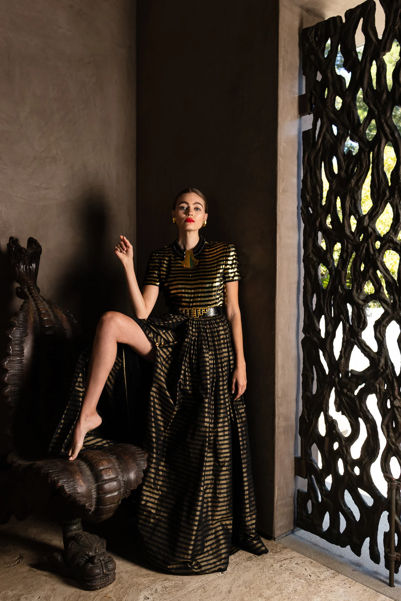 Gold Striped Panel Gown With Shorts - Image 2