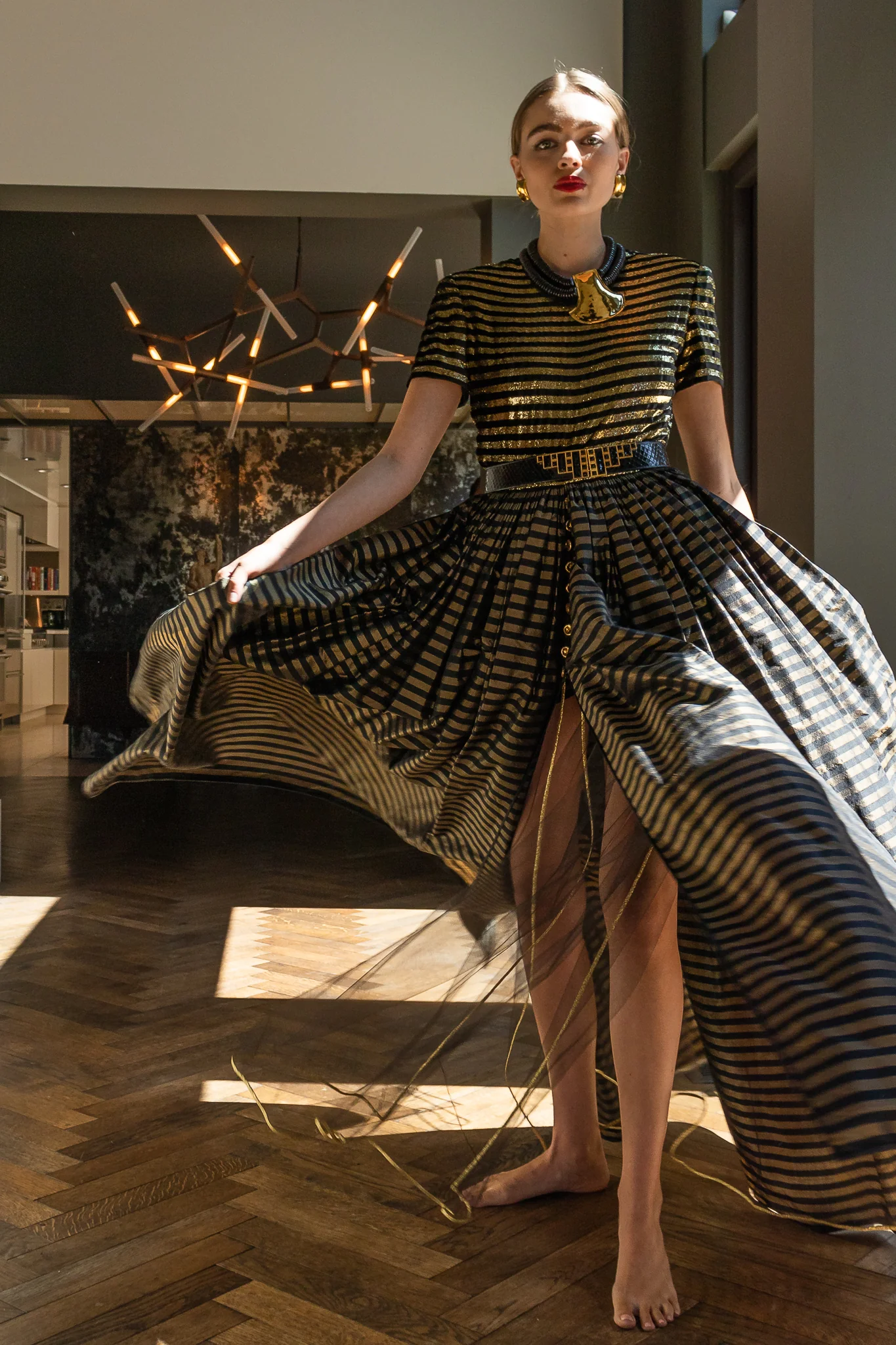 Gold Striped Panel Gown With Shorts - Image 8