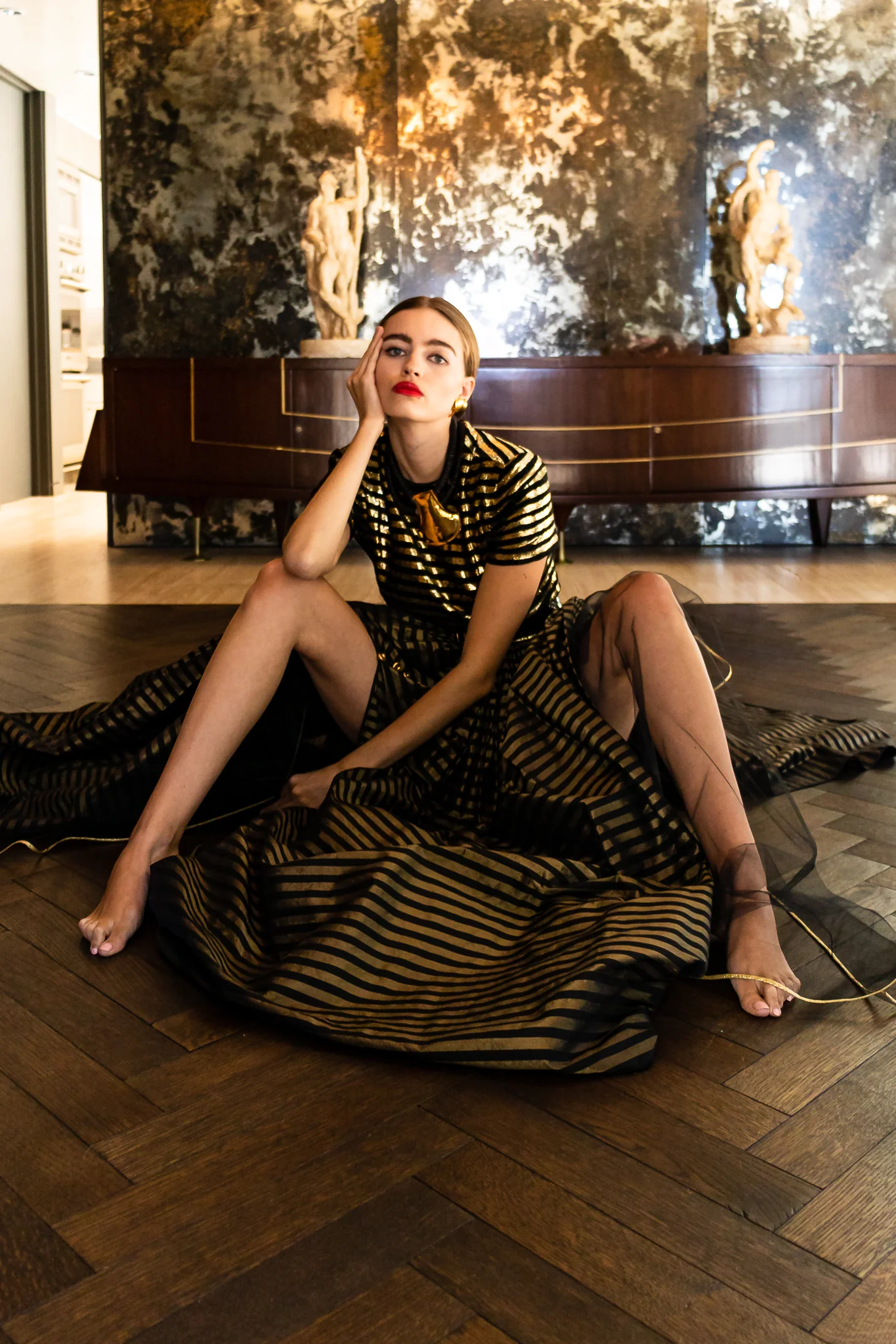 Gold Striped Panel Gown With Shorts - Image 9