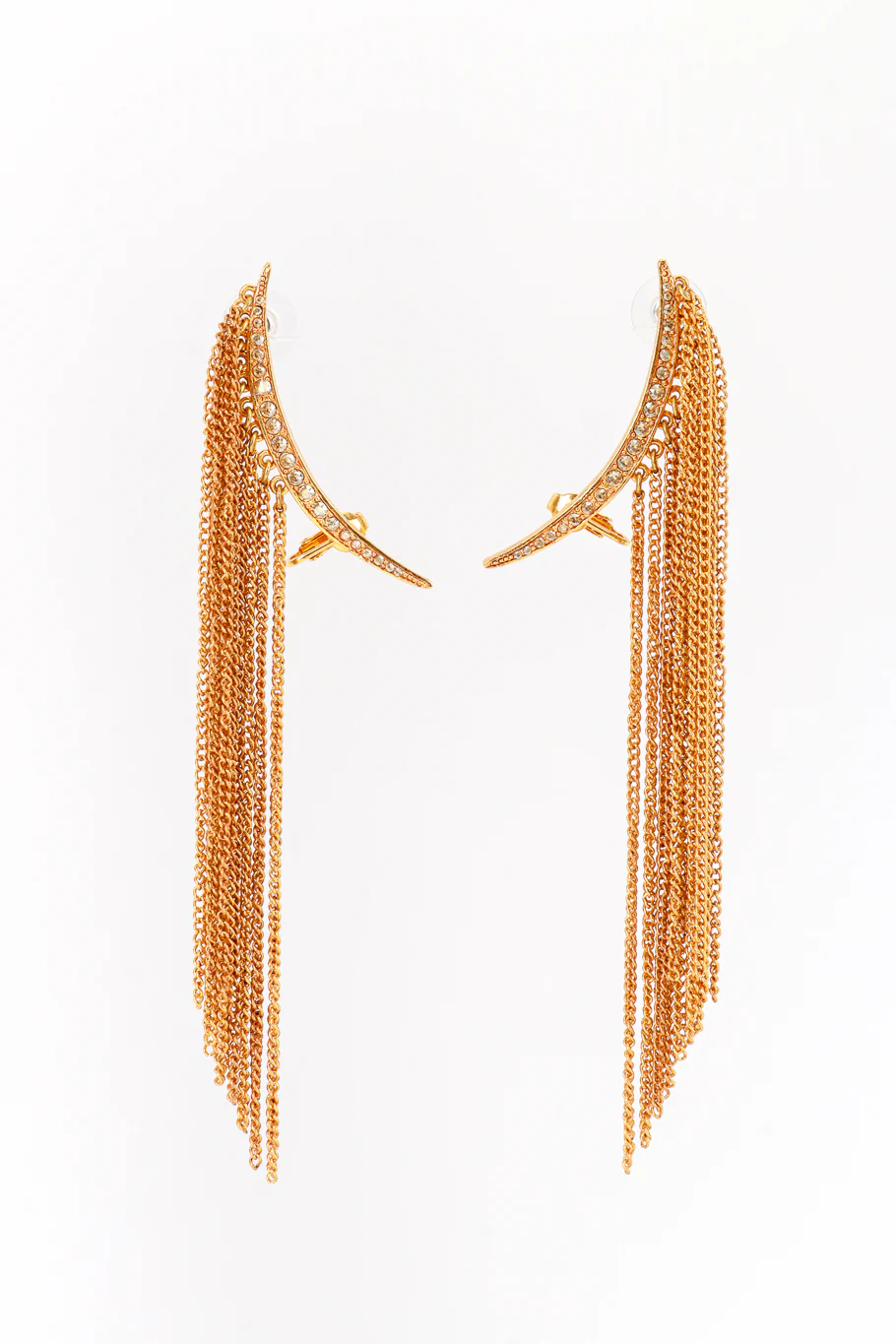 Golden Crescent Moon & Falling Fringe Crawler Earrings