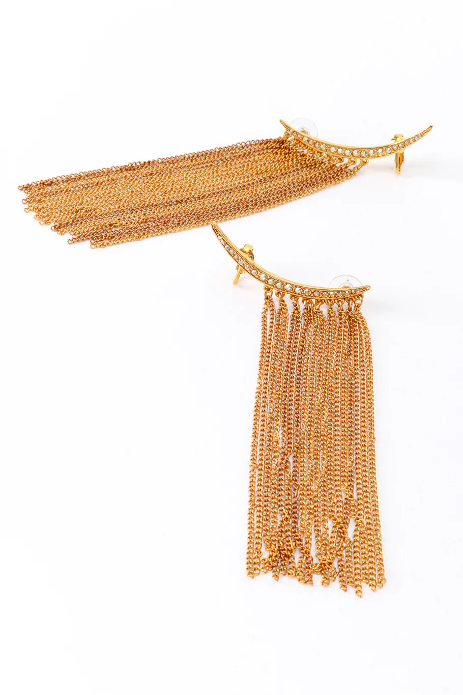 Golden Crescent Moon & Falling Fringe Crawler Earrings - Image 3
