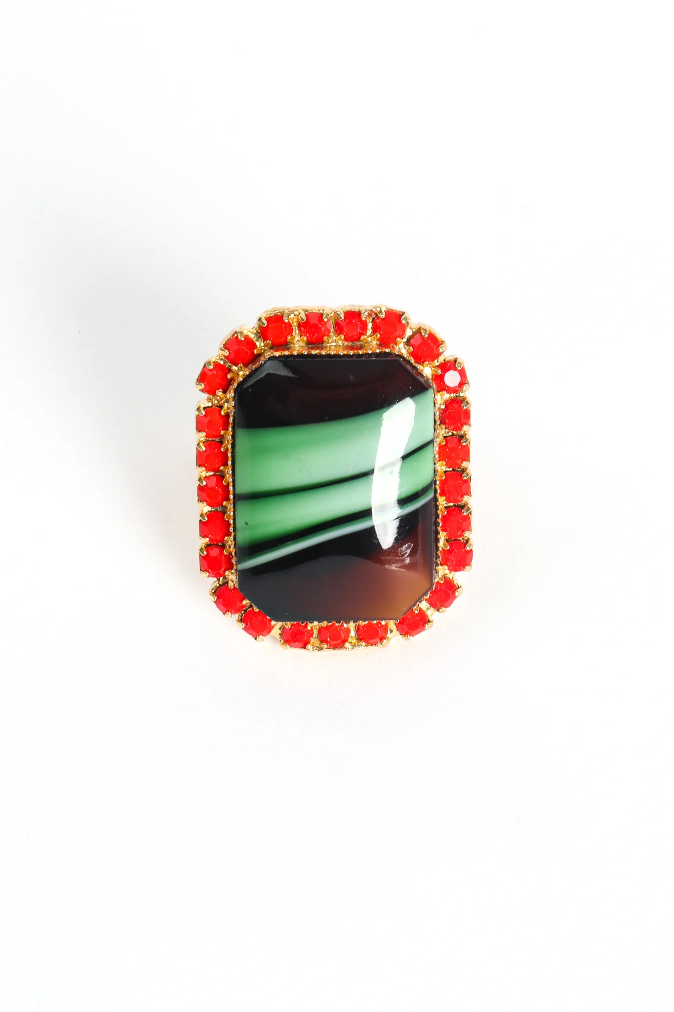 Green Agate Cabochon Rhinestone Cocktail Ring
