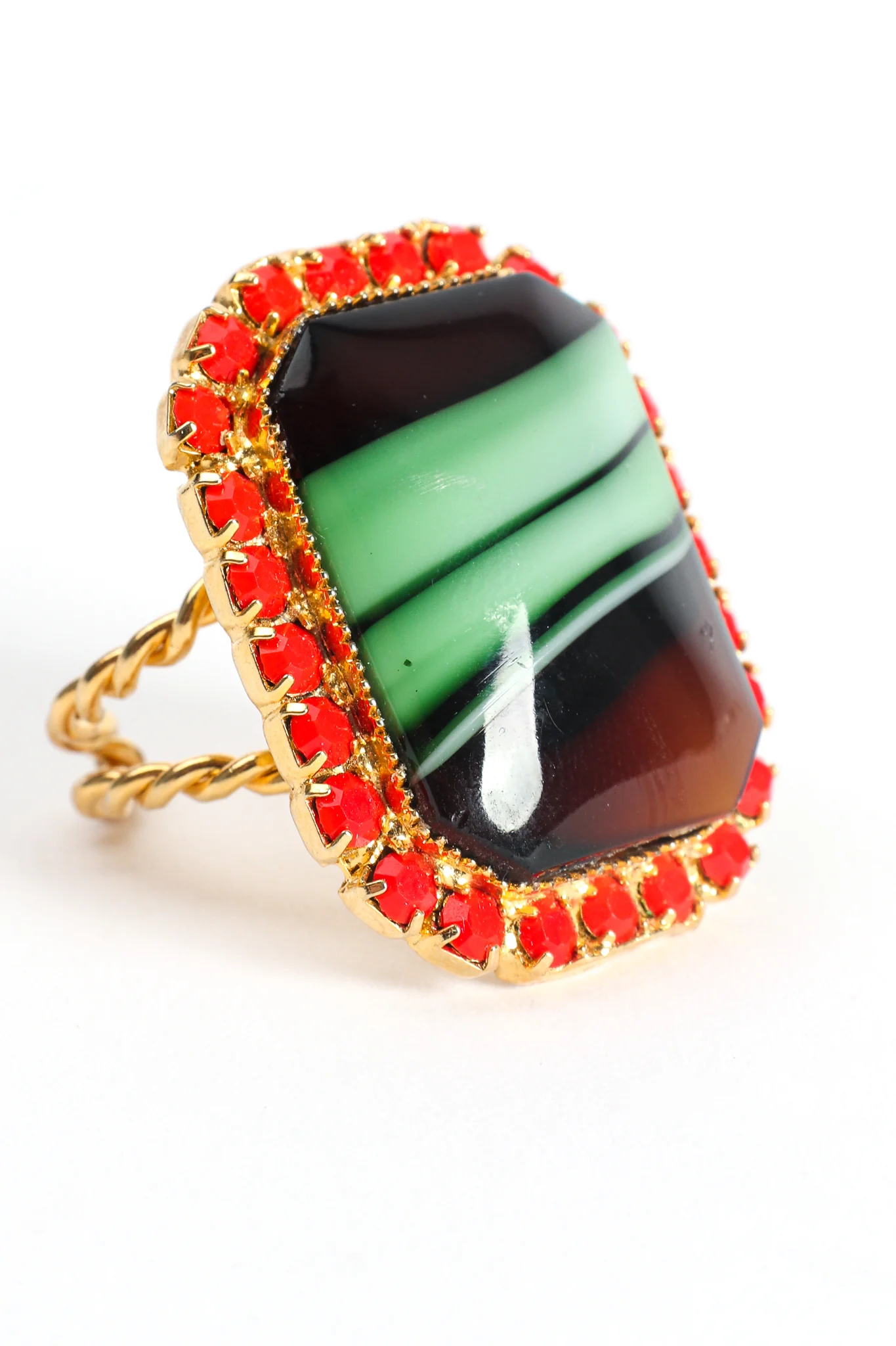 Green Agate Cabochon Rhinestone Cocktail Ring - Image 2