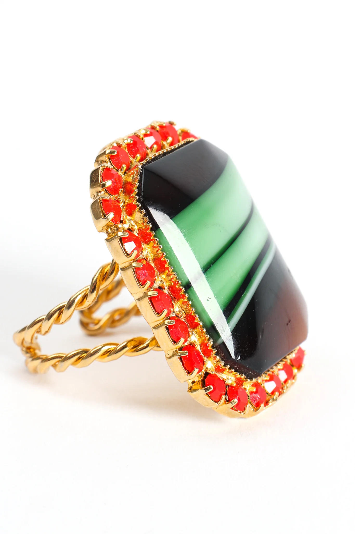 Green Agate Cabochon Rhinestone Cocktail Ring - Image 3