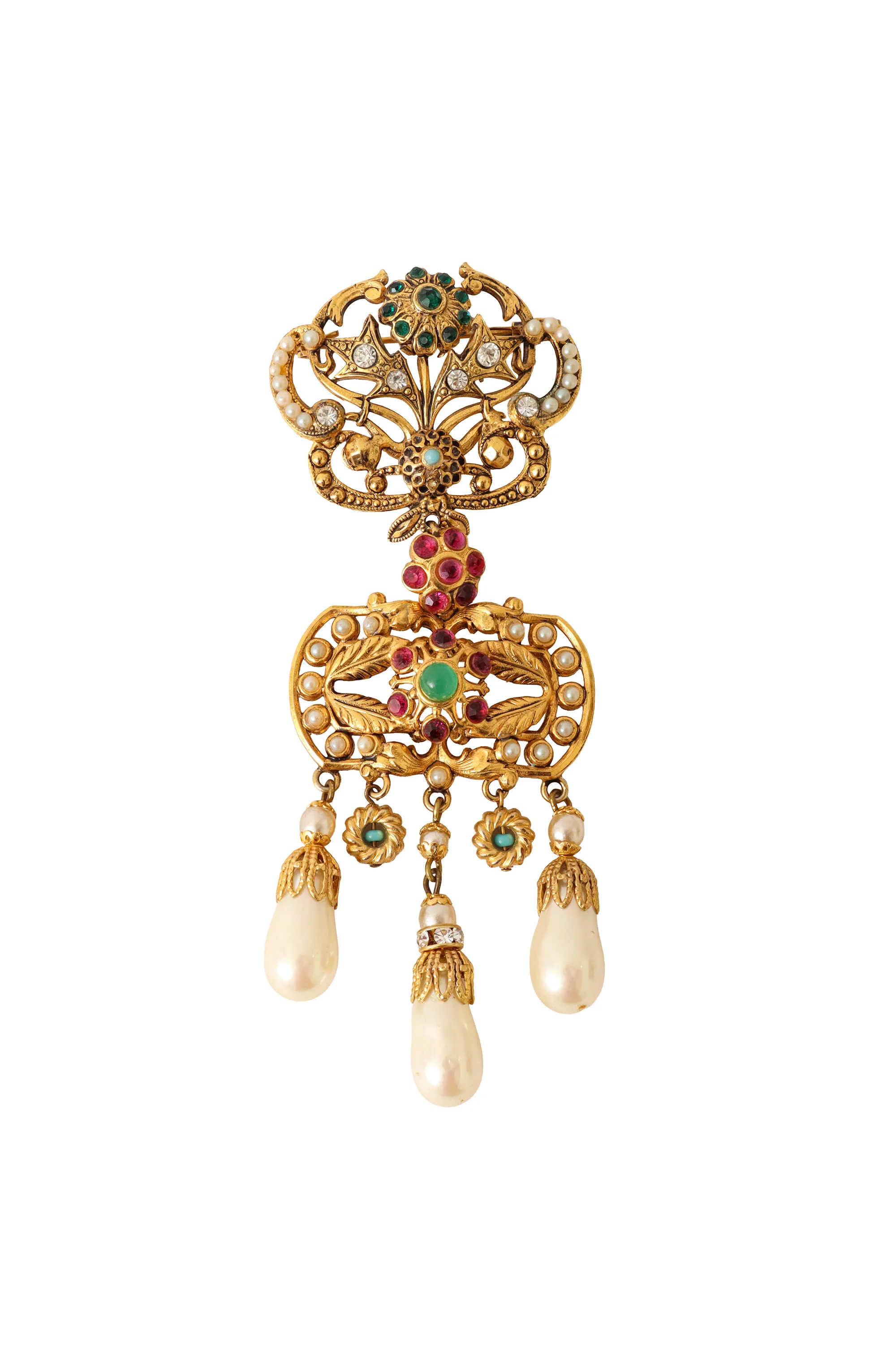 Jeweled Filigree Pearl Drop Brooch