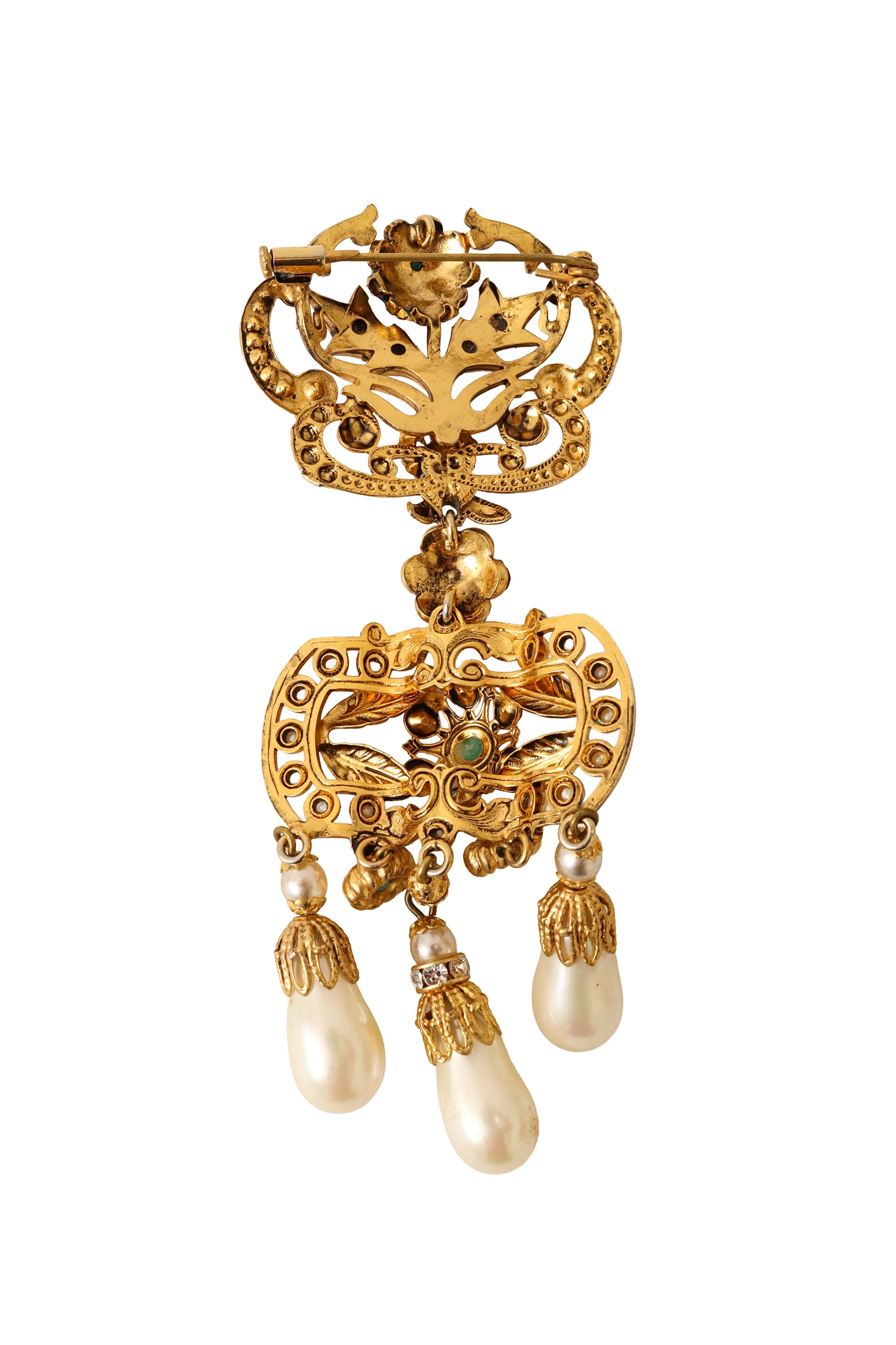 Jeweled Filigree Pearl Drop Brooch - Image 3