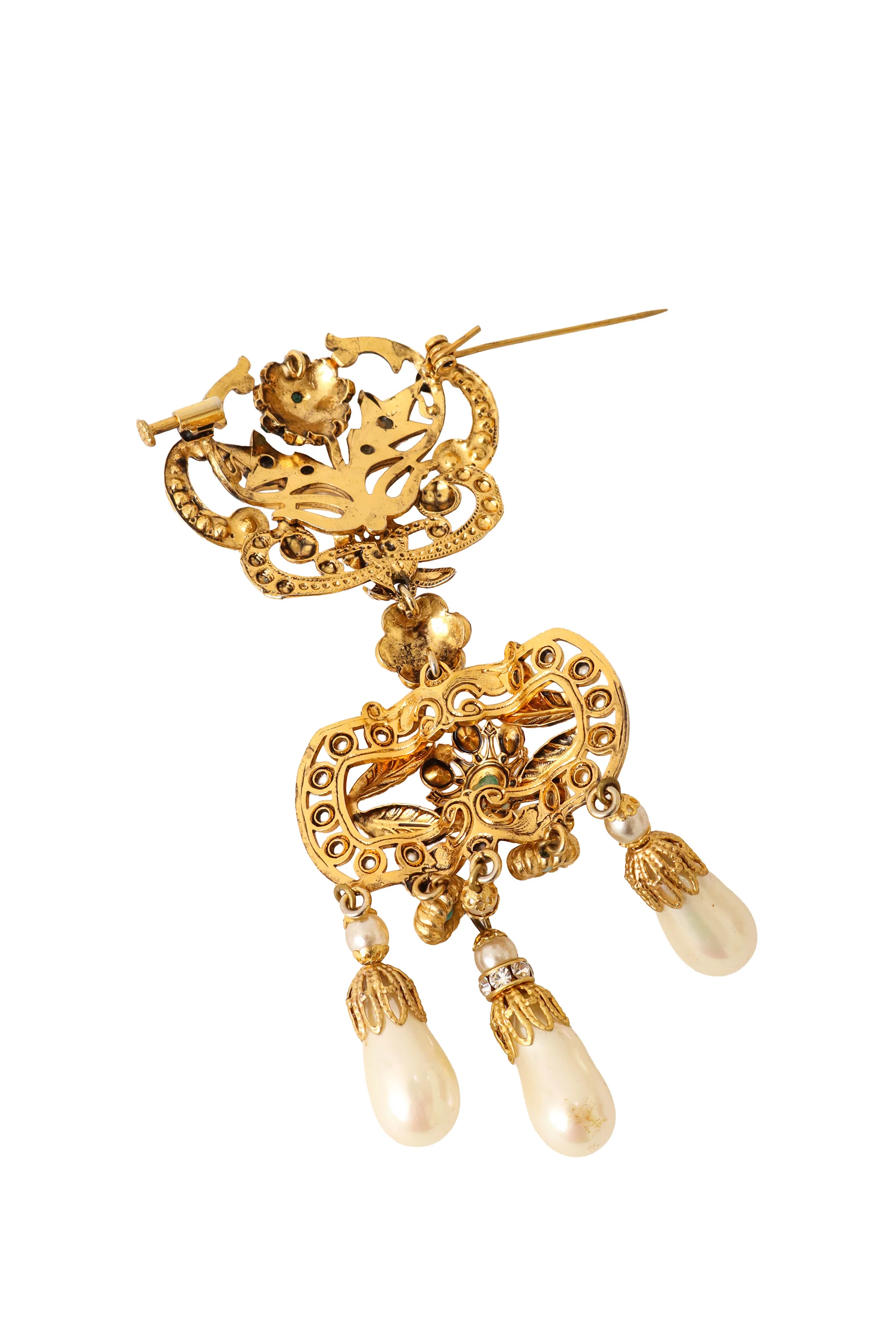 Jeweled Filigree Pearl Drop Brooch - Image 4