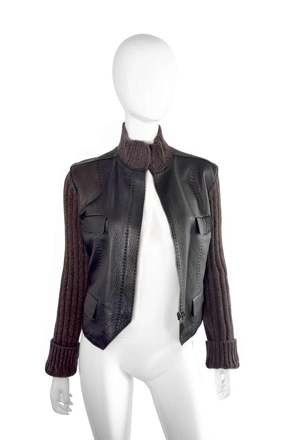 Knit Sleeve Leather Jacket - Image 2