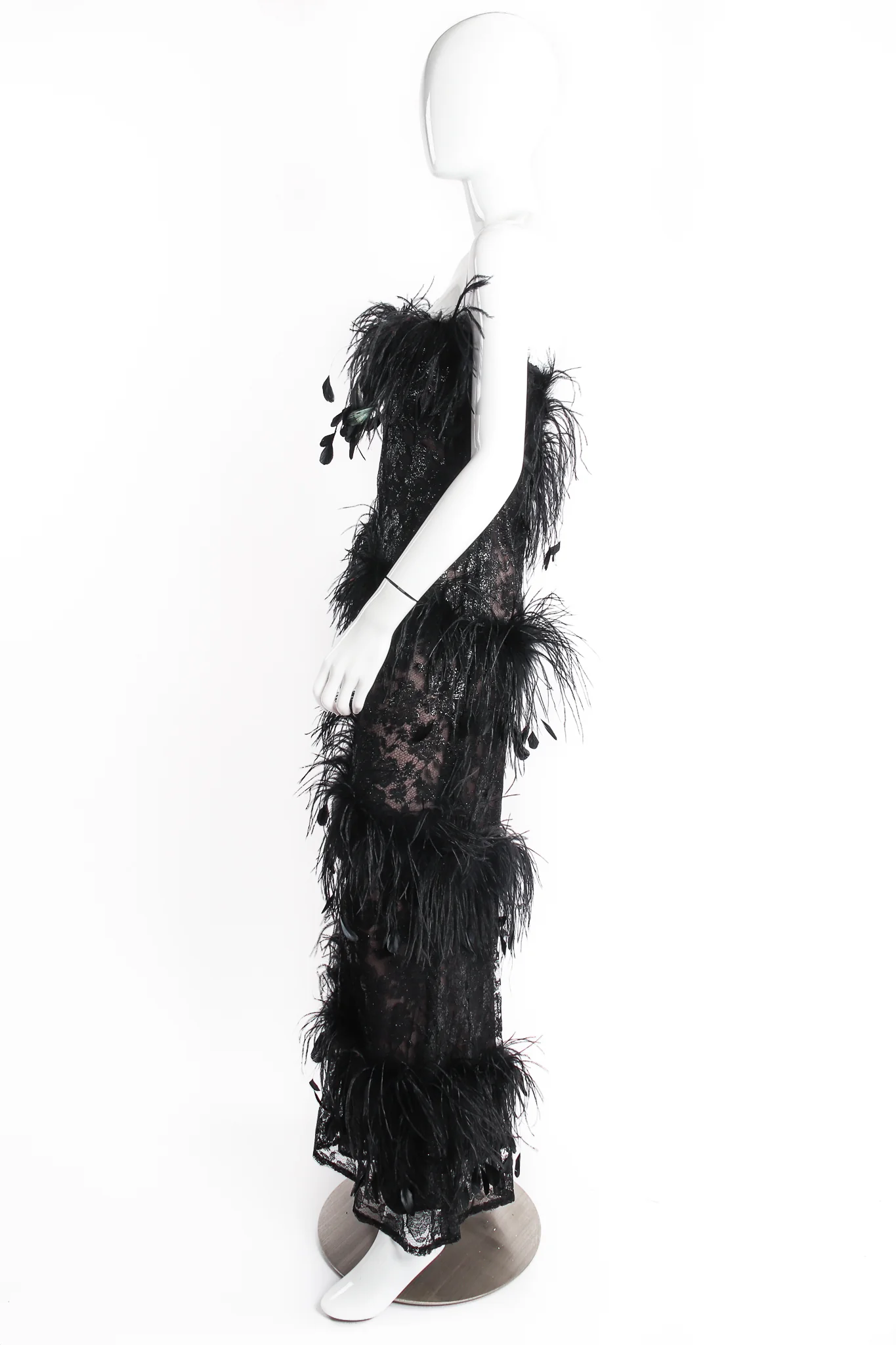 1988 Lace Feather Strapless Column Gown - Image 3