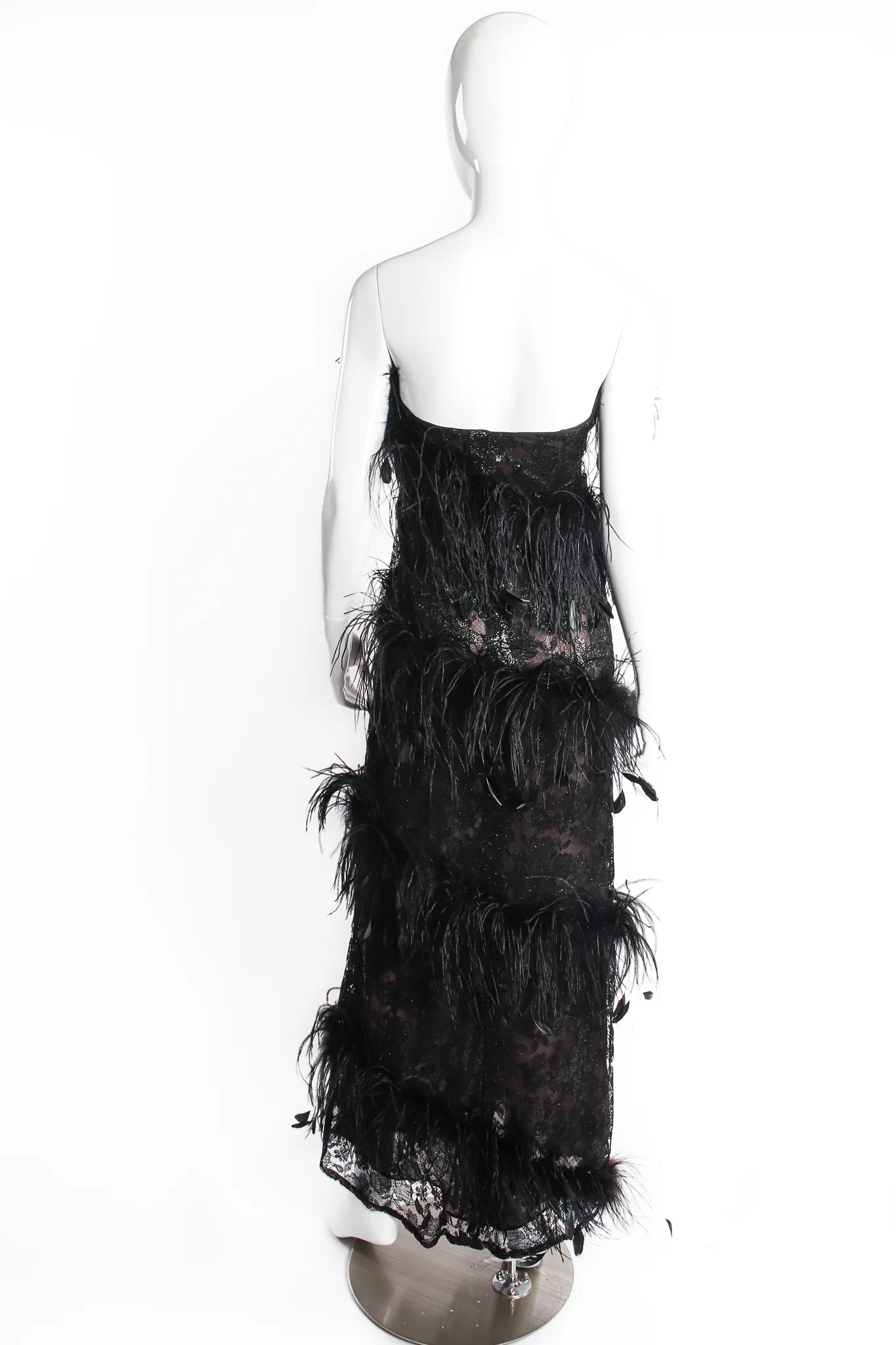 1988 Lace Feather Strapless Column Gown - Image 4