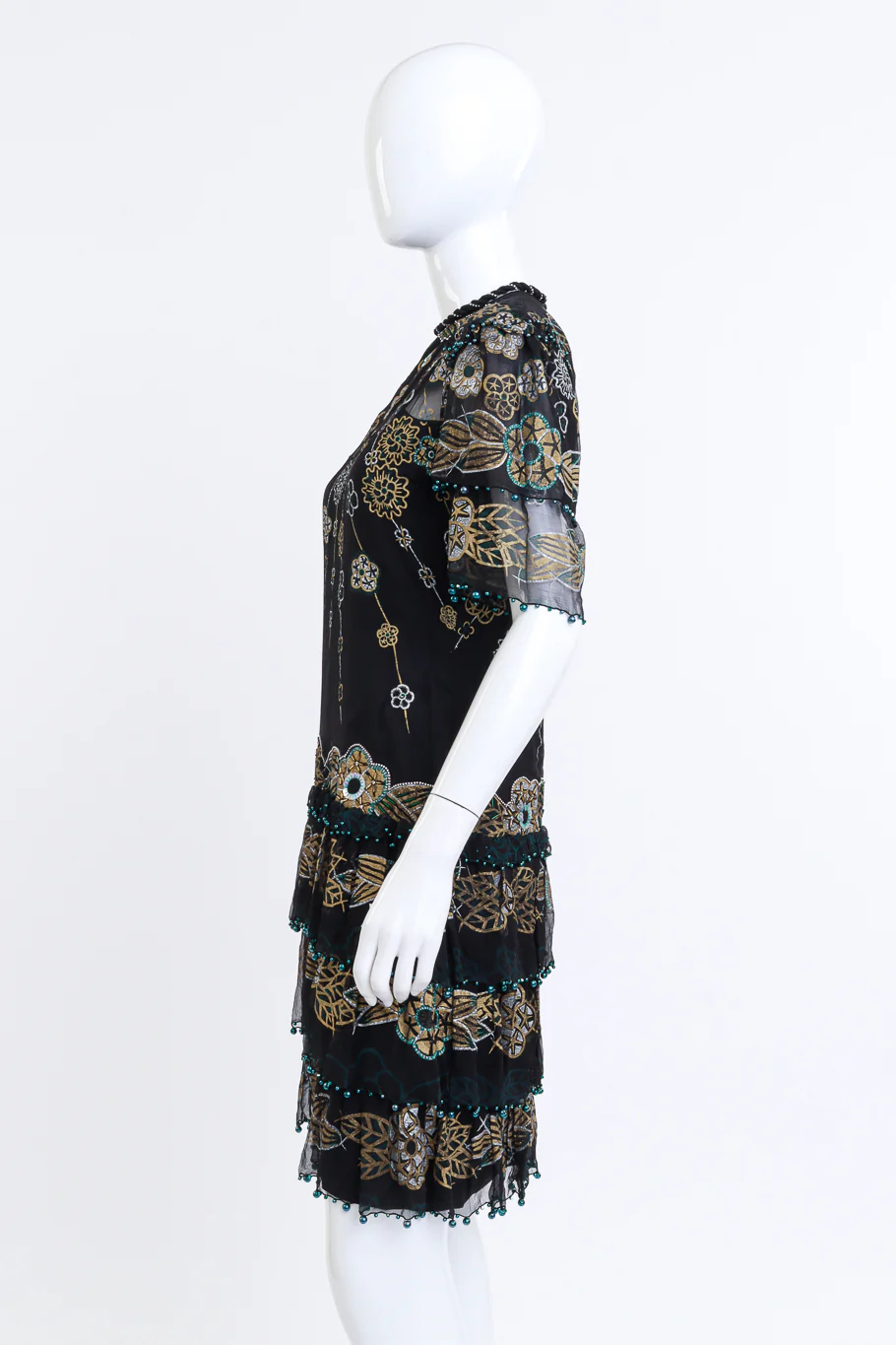 Metallic Beaded Floral Silk Shift Dress - Image 3