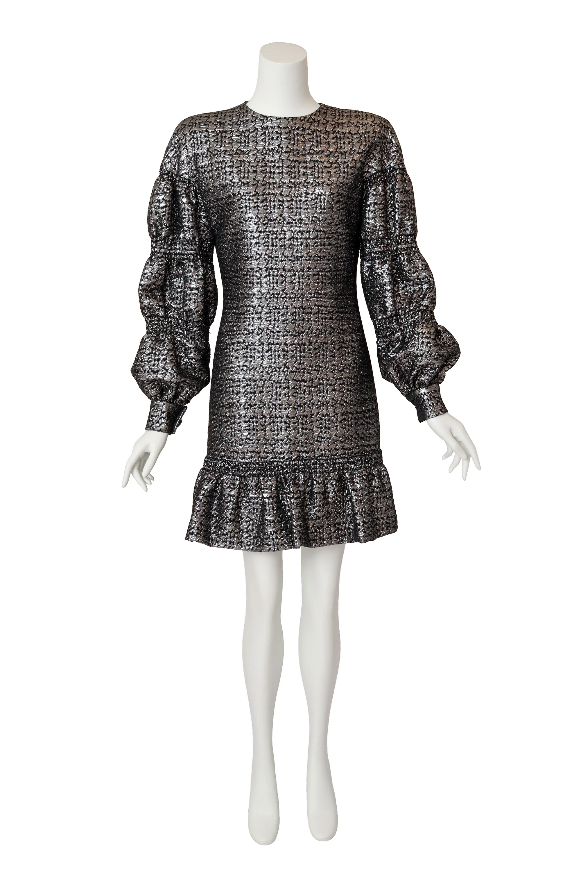 Metallic Brocade Puff-Sleeve Mini Dress