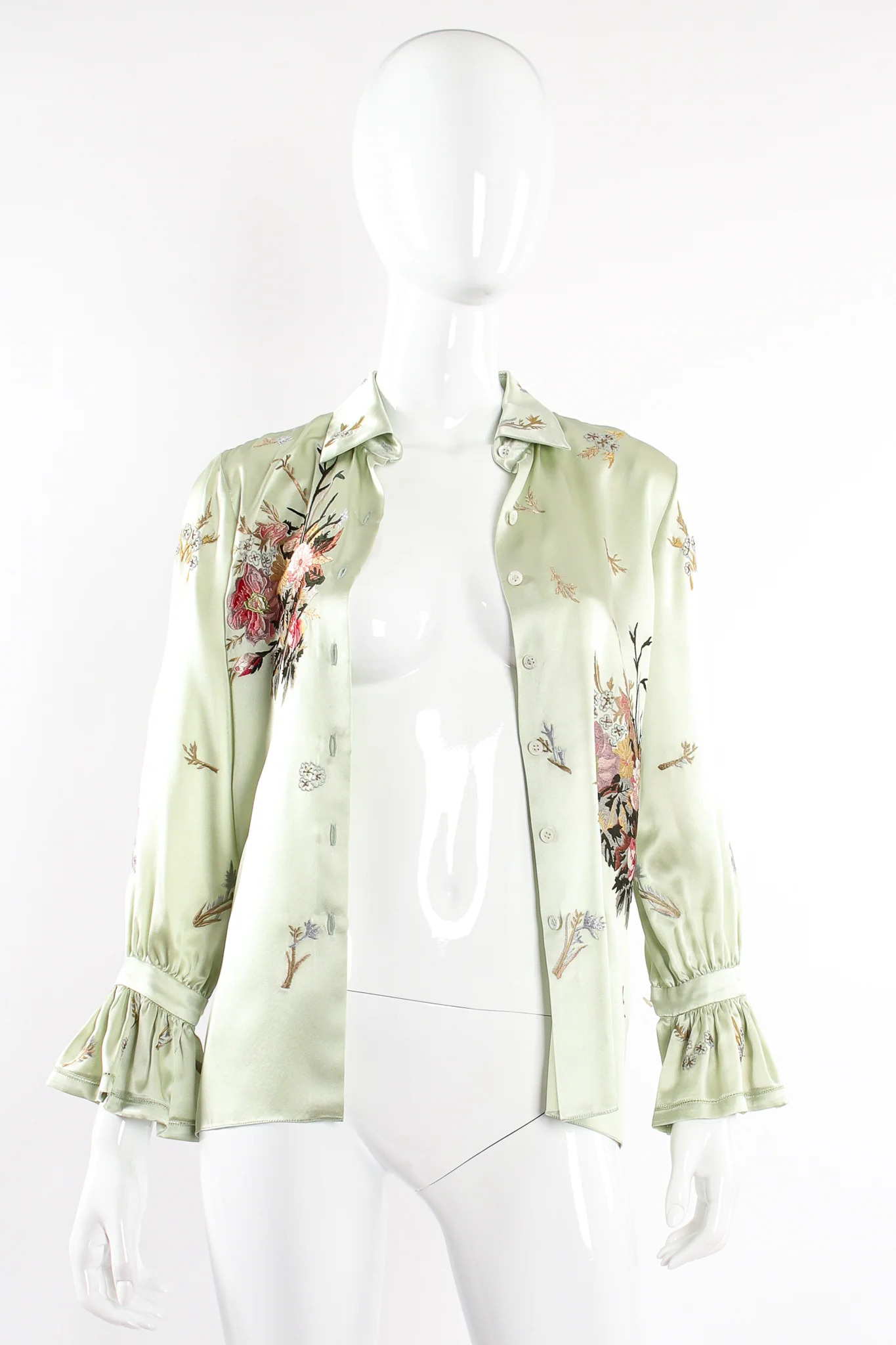 Mint Floral Embroidered Silk Shirt - Image 5