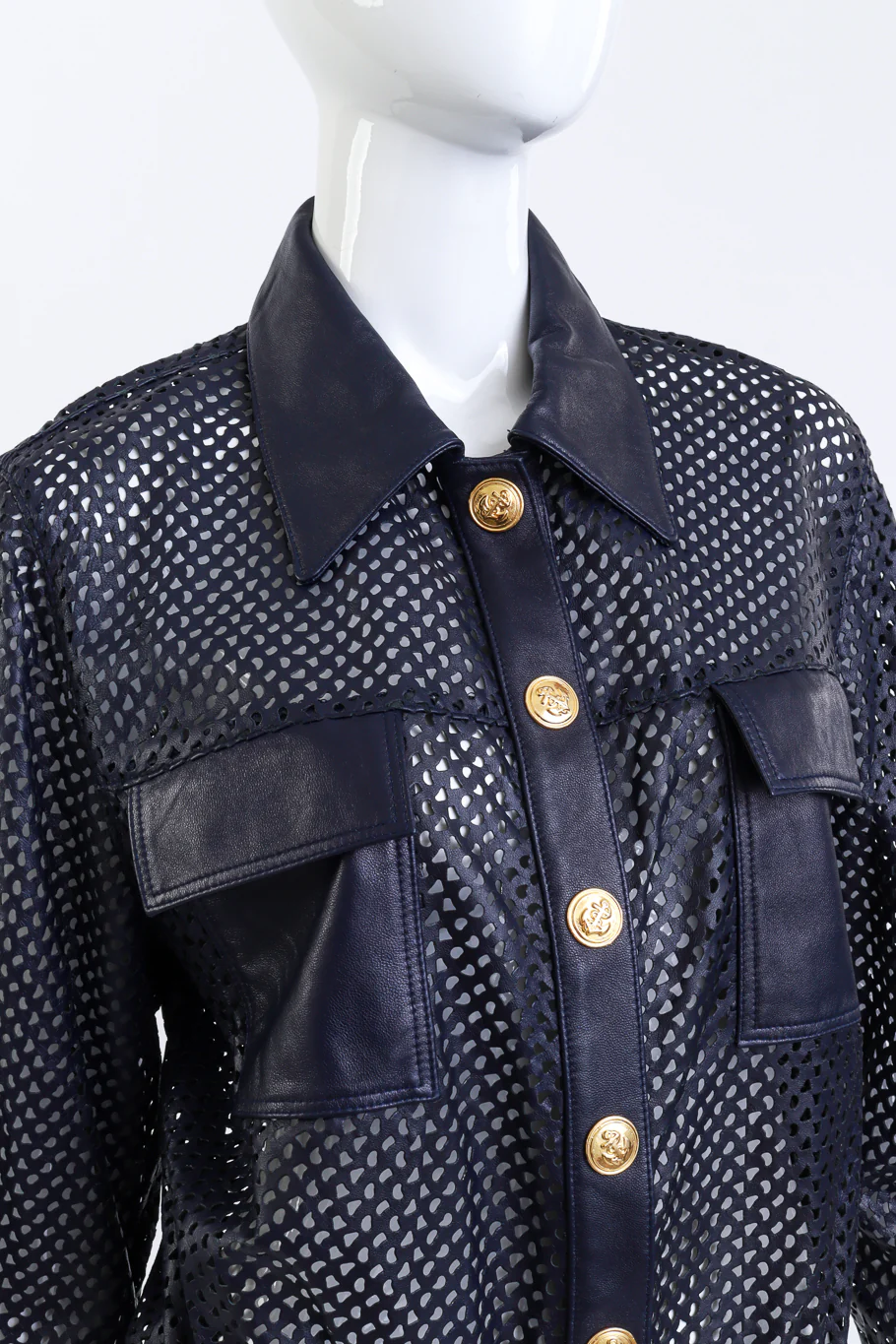 Navy Perforated Leather Jacket - Image 4