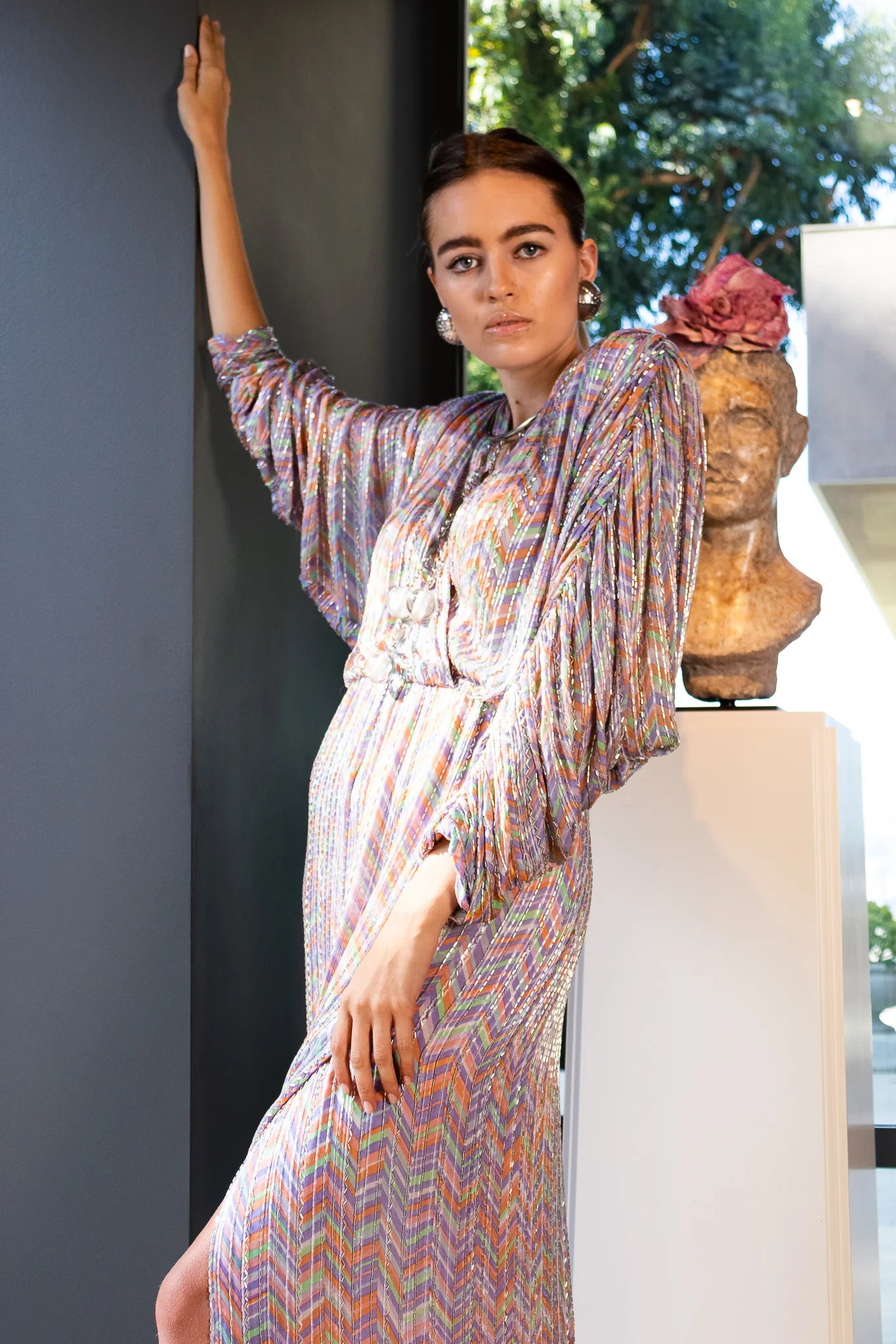 Batwing Beaded Pastel Chevron Gown - Image 2