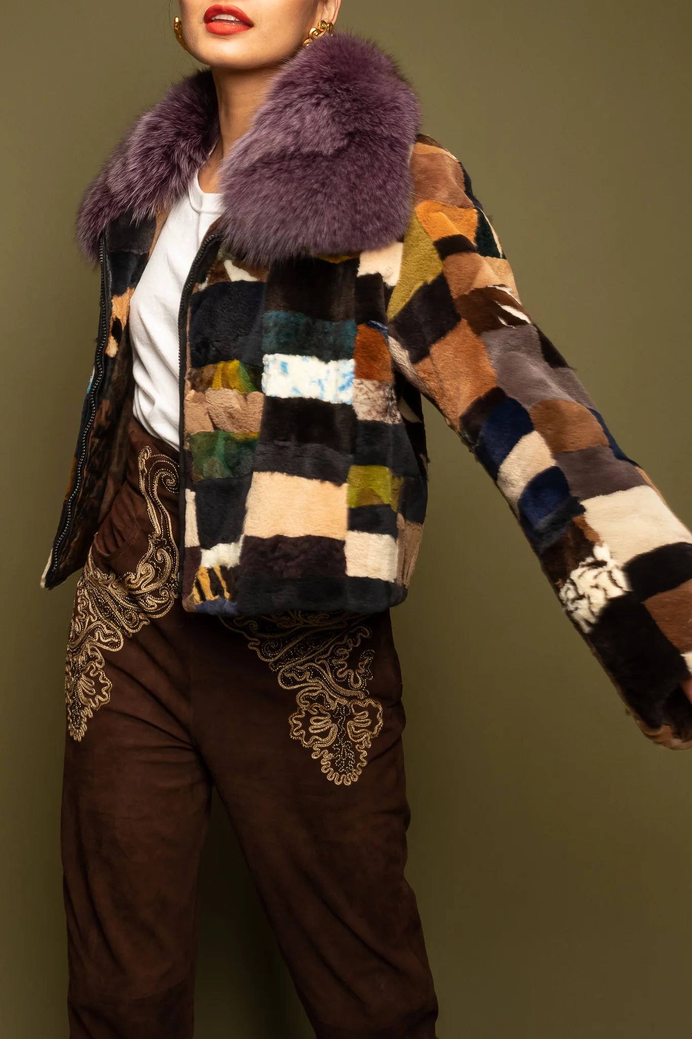 Patchwork Fur Collar Jacket - Image 4