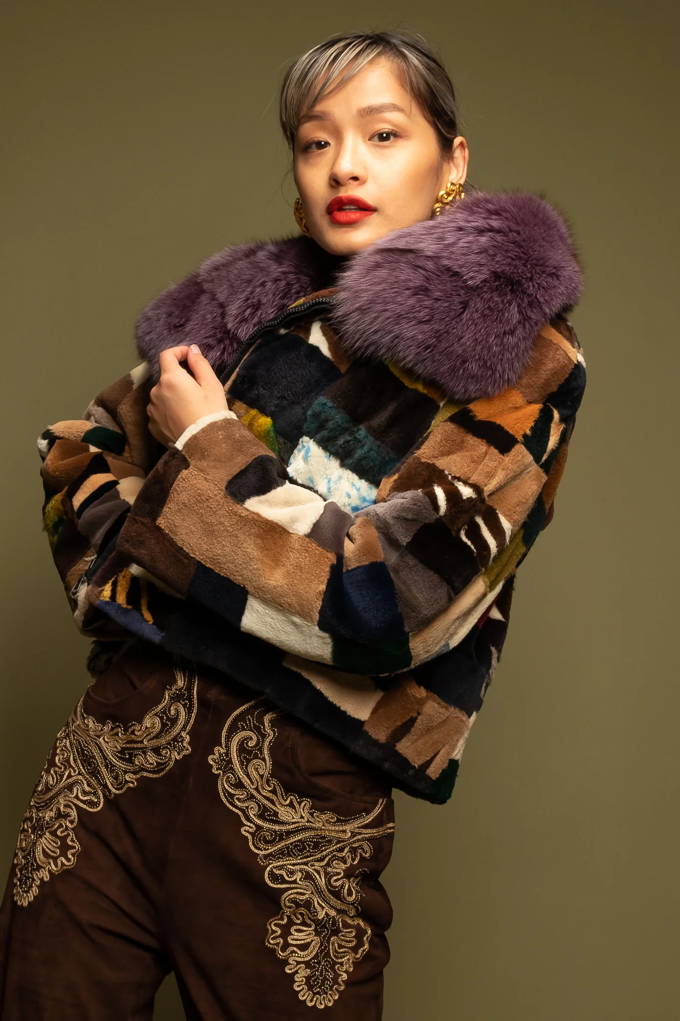 Patchwork Fur Collar Jacket - Image 7