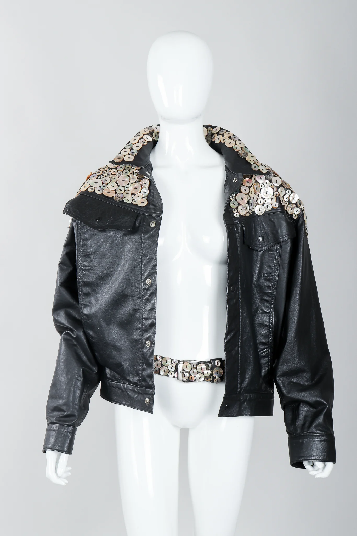 Pearl Button Leather Jacket & Belt - Image 6