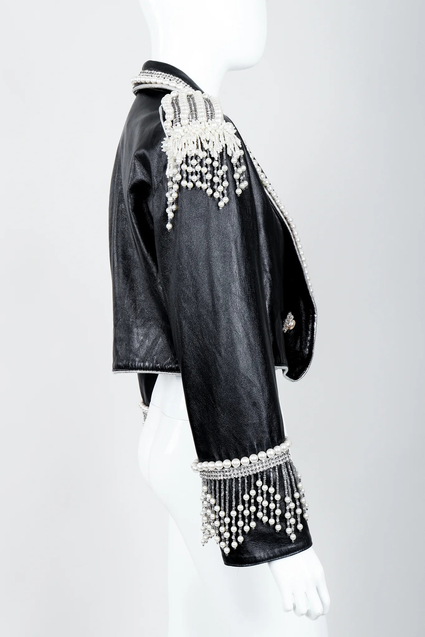 Pearl Fringe Cropped Leather Jacket II - Image 3