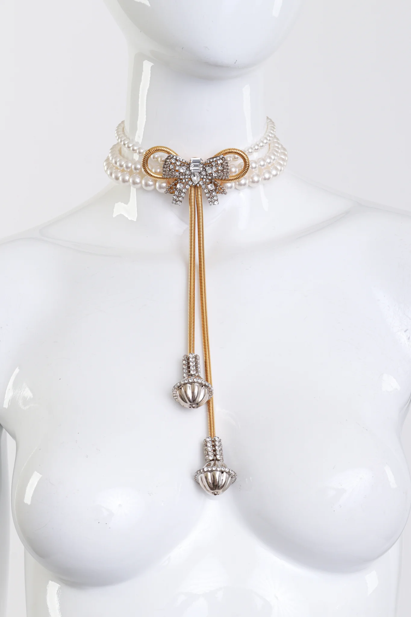 2012 C Pearl Rhinestone Bow Drop Choker Necklace - Image 2