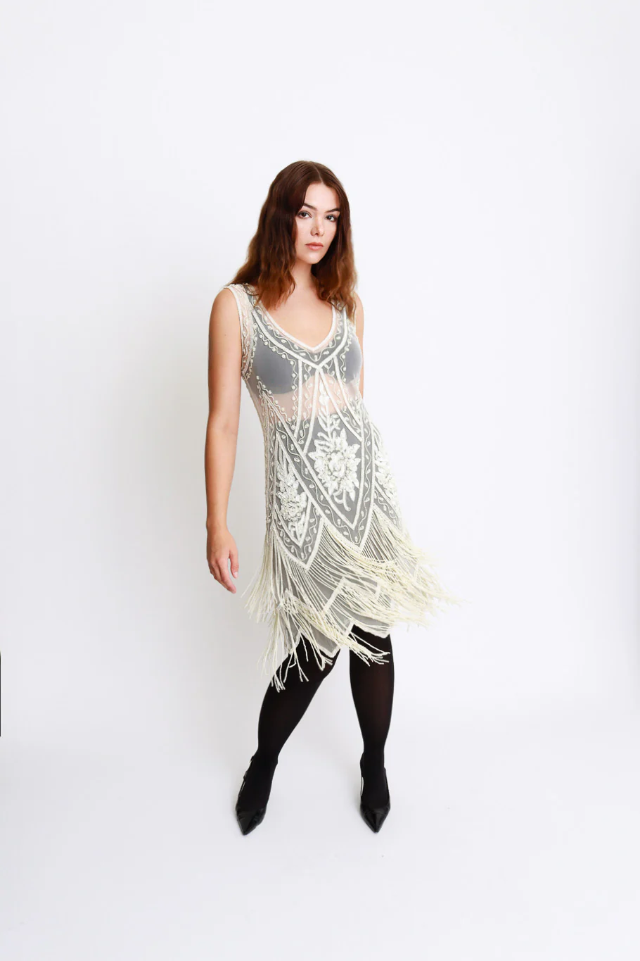 Pearl White Beaded Fringe Flapper Dress - Image 2
