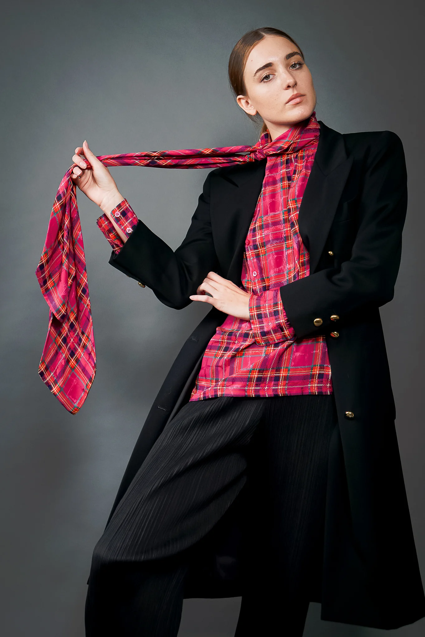 Hot Plaid Silk Bow Blouse - Image 3