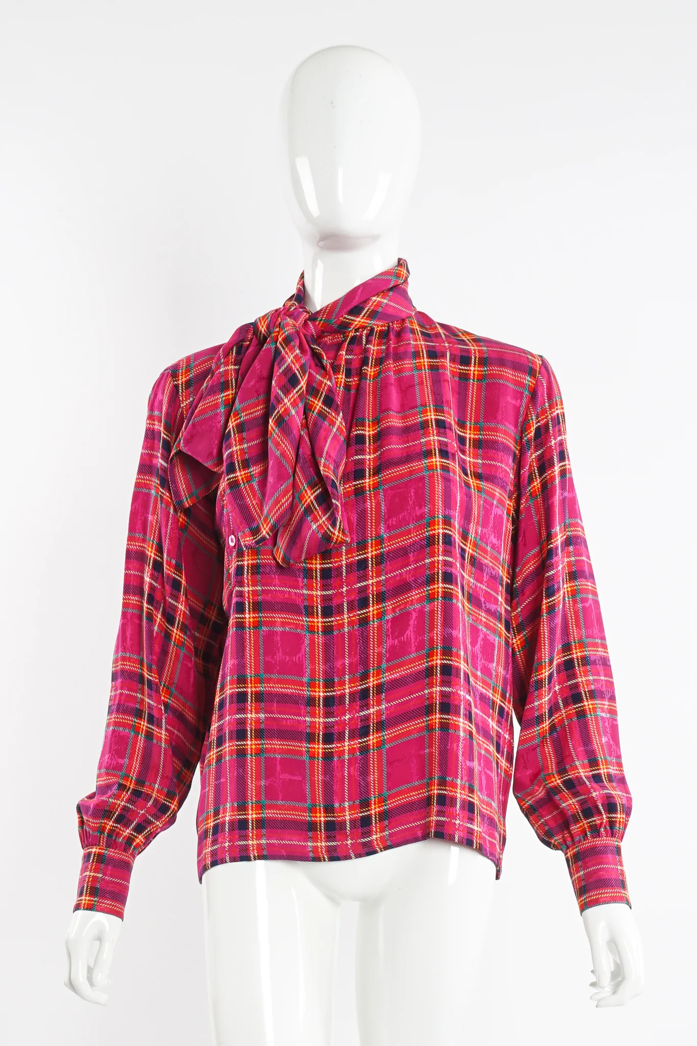 Hot Plaid Silk Bow Blouse - Image 4