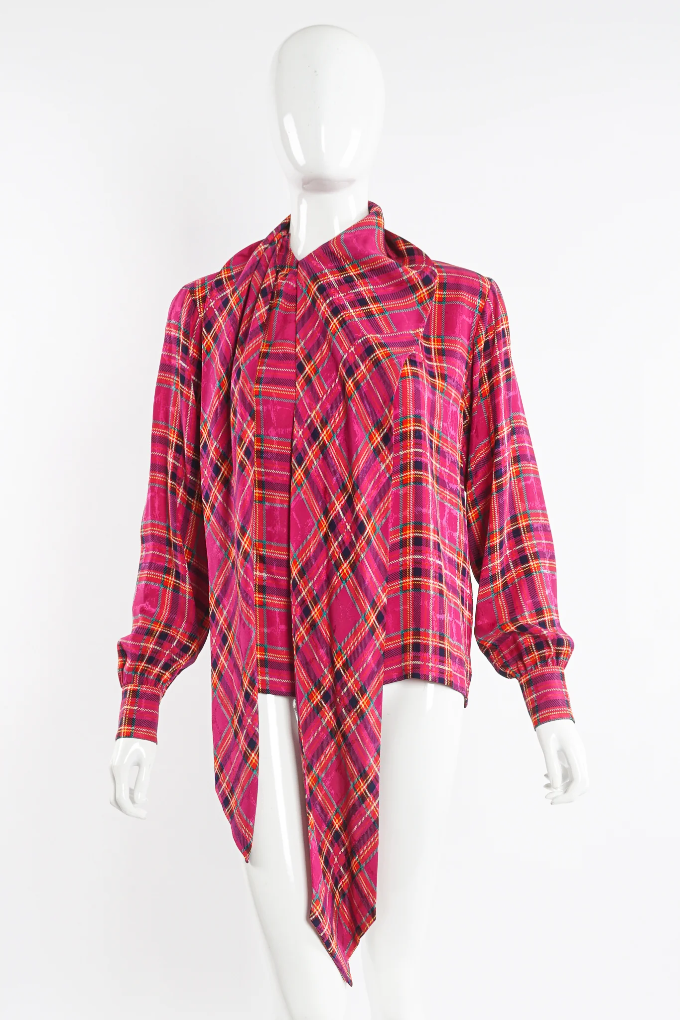 Hot Plaid Silk Bow Blouse - Image 5
